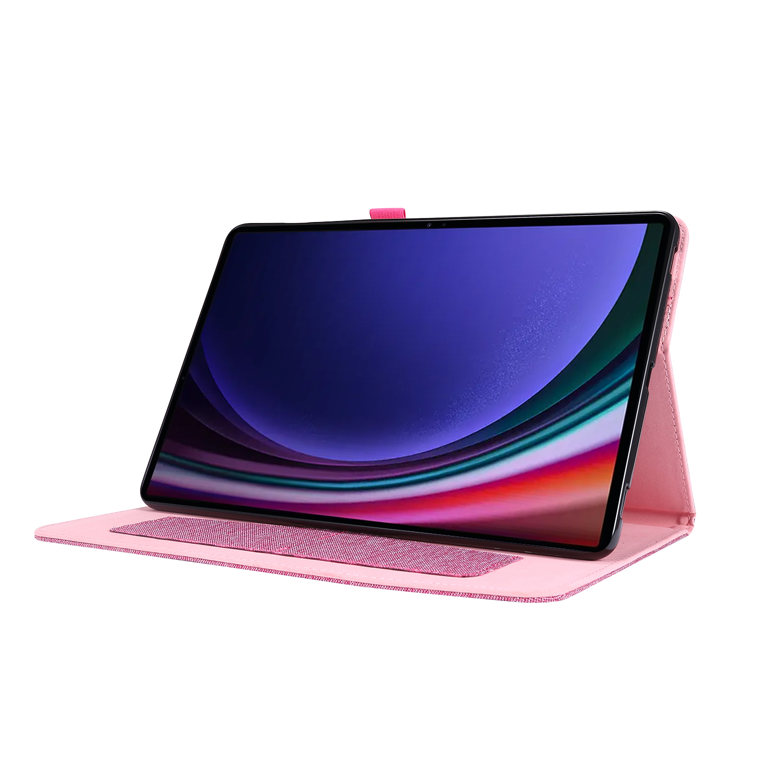 Rosa Tablet in einem rosa Etui, geöffnet mit farbenfrohem Display.