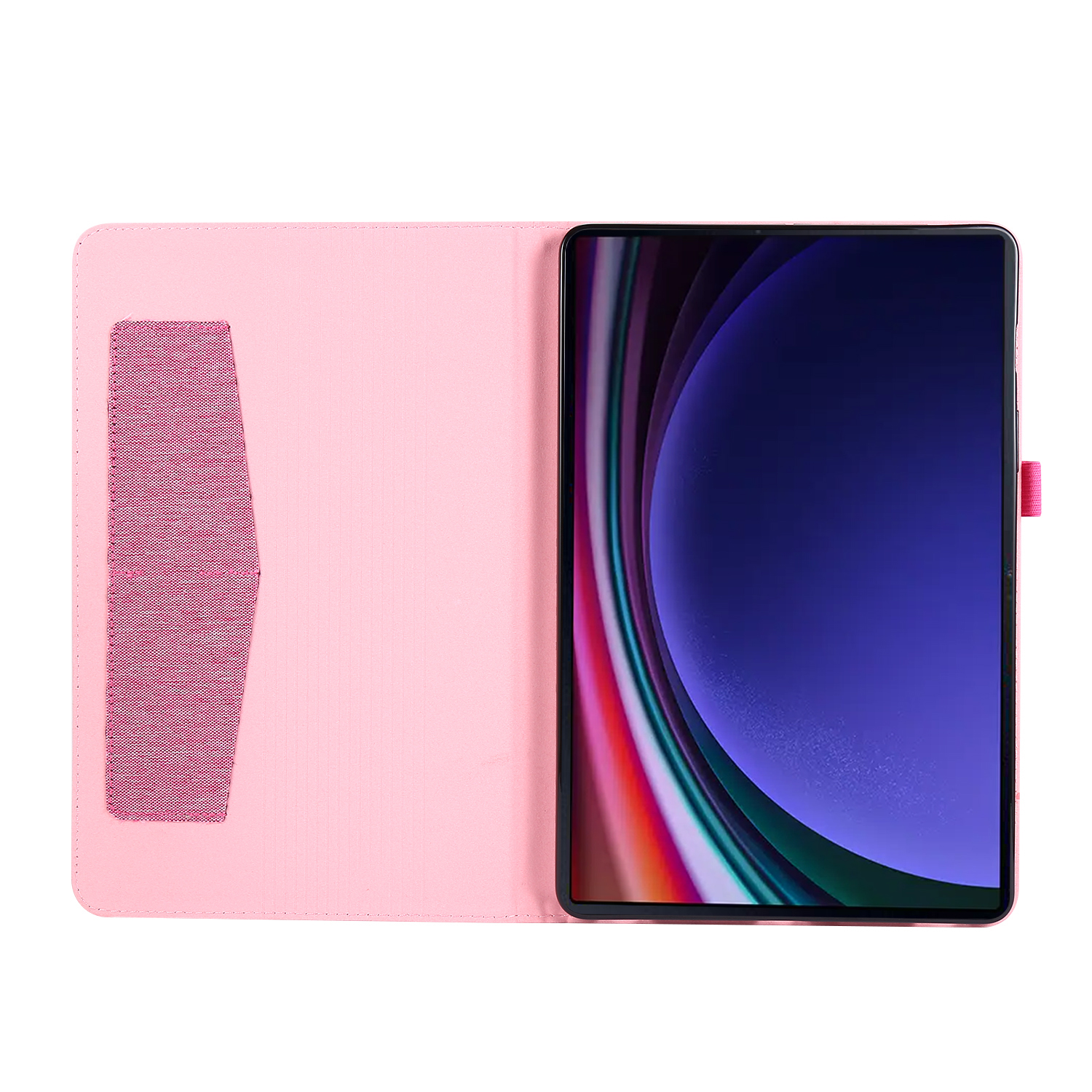 Eine rosa Tablet-Hülle. Der Tablet-Bildschirm zeigt ein farbenfrohes abstraktes Bild.