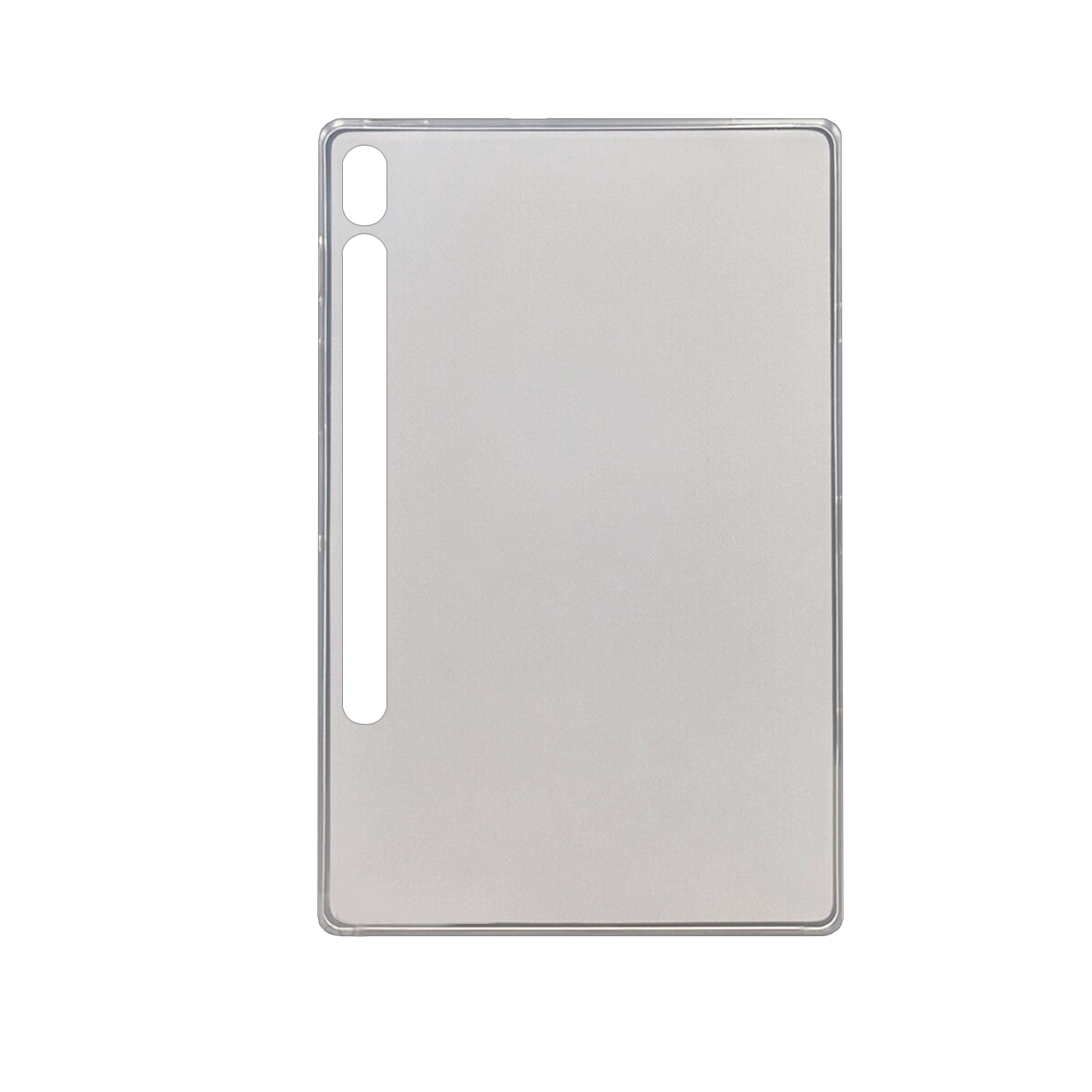 Eine durchsichtige Tablet-Hülle auf weißem Hintergrund. Es hat eine Stifthalterung auf der linken Seite.