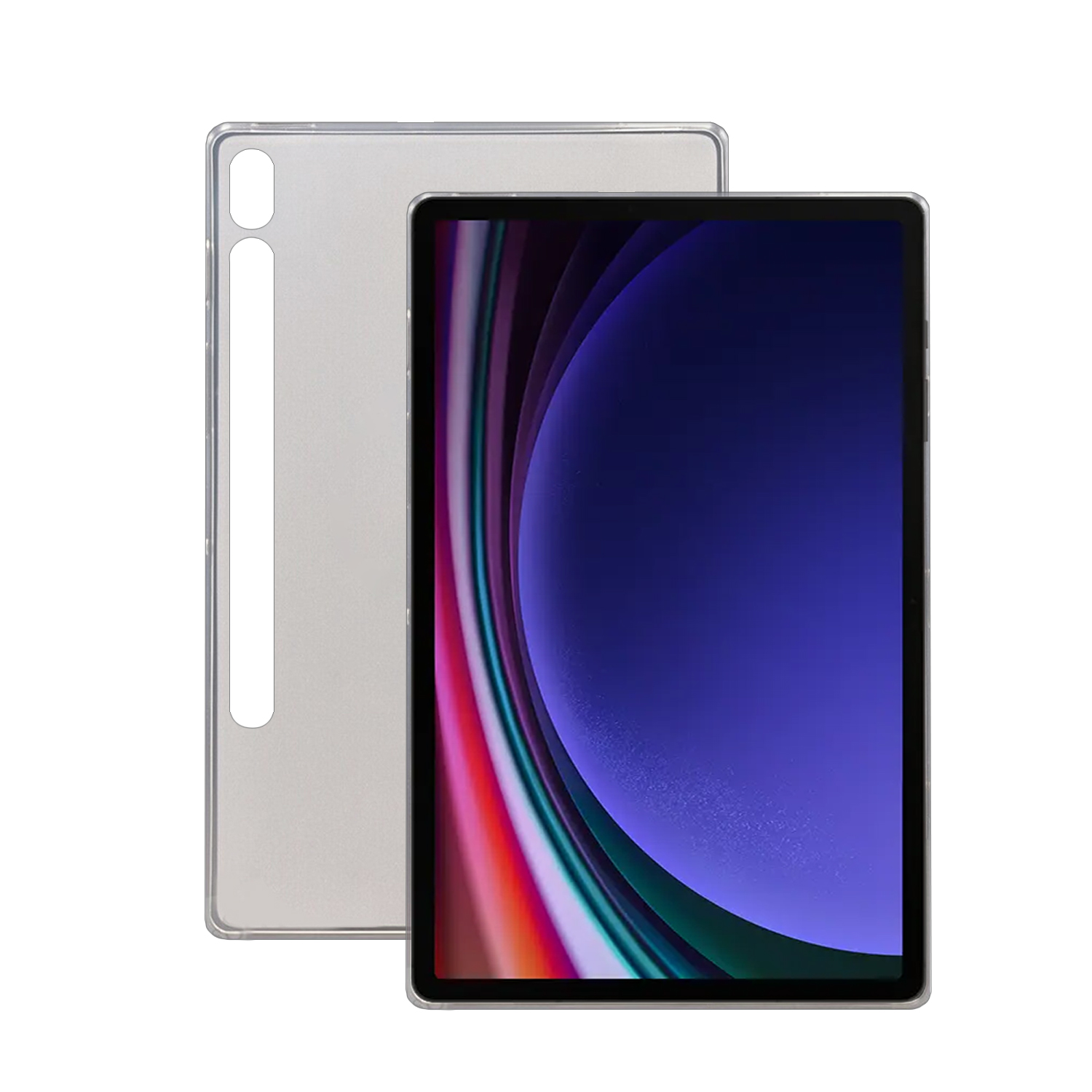Ein Tablet und eine Hülle werden gezeigt. Das Tablet ist schwarz mit blauem und lila Bildschirm. Die Hülle ist silber.