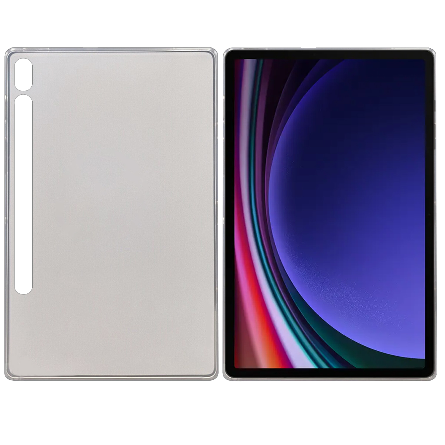 Eine Tablet-Hülle mit einem Tablet auf der rechten Seite. Die Hülle ist silberfarben.