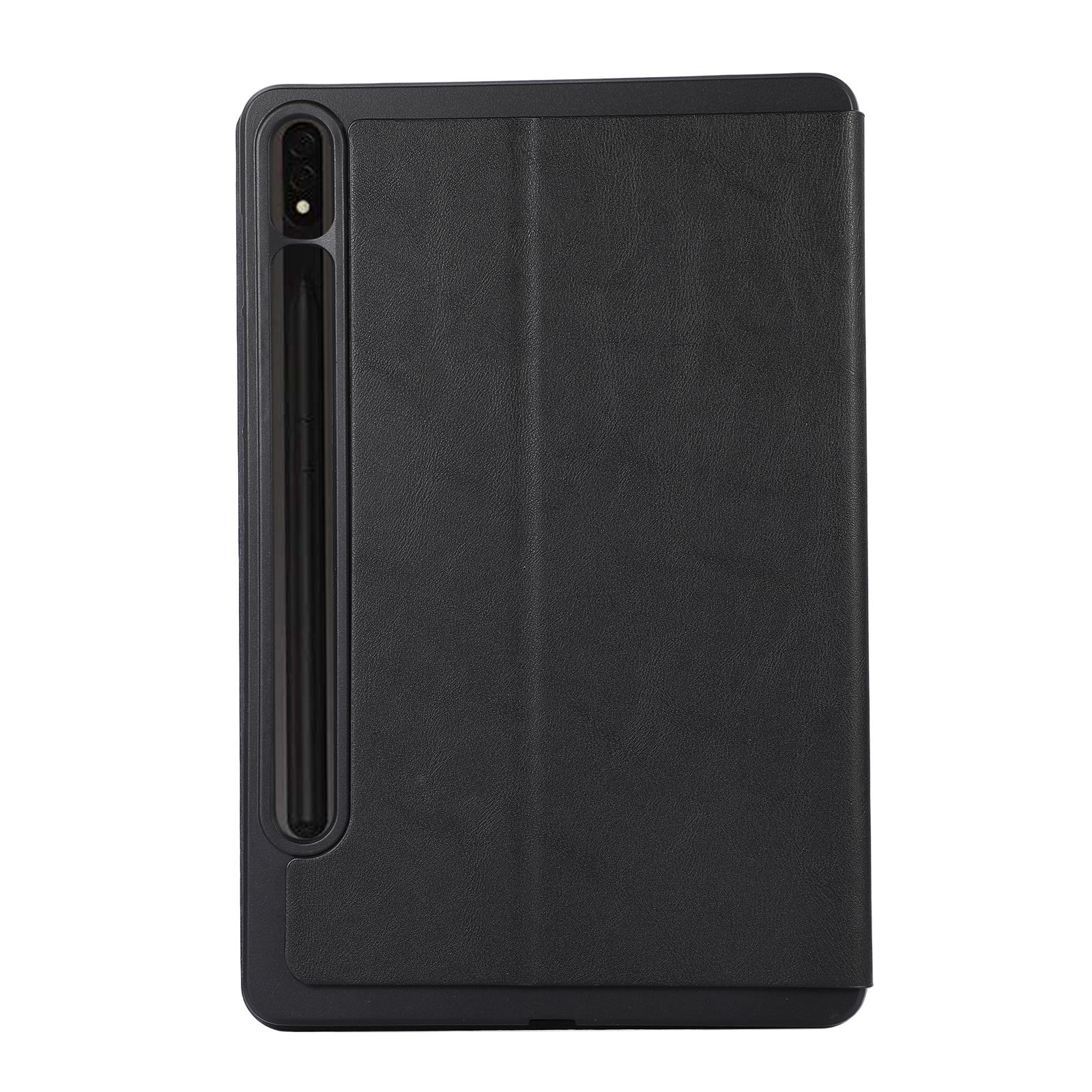 Ein schwarzes Tablet mit Stift, geschlossen, vertikal positioniert. Das Tablet hat eine Kamera oben.