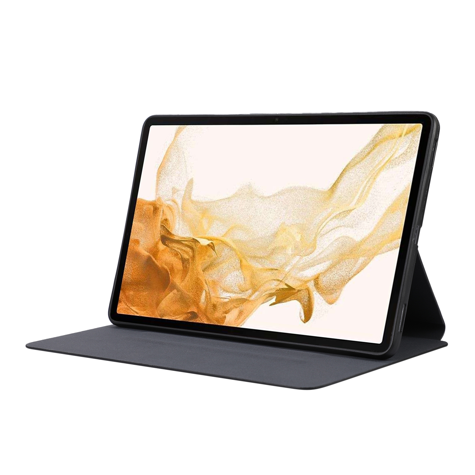 Tablet in einer dunkelgrauen Hülle, geöffnet und mit buntem Hintergrund.