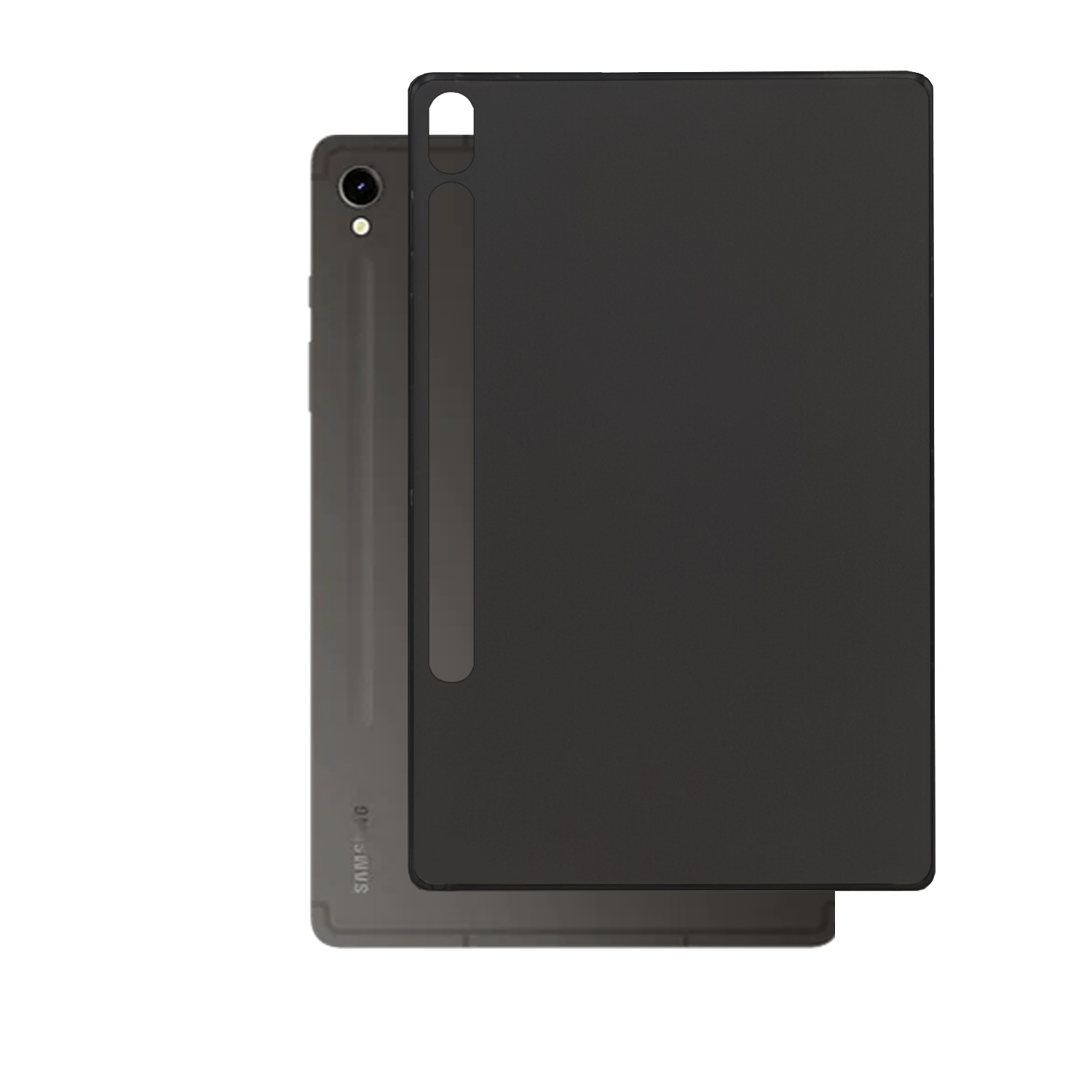 Schwarzes Tablet und eine schwarze Hülle. Das Tablet ist teilweise von der Hülle bedeckt.