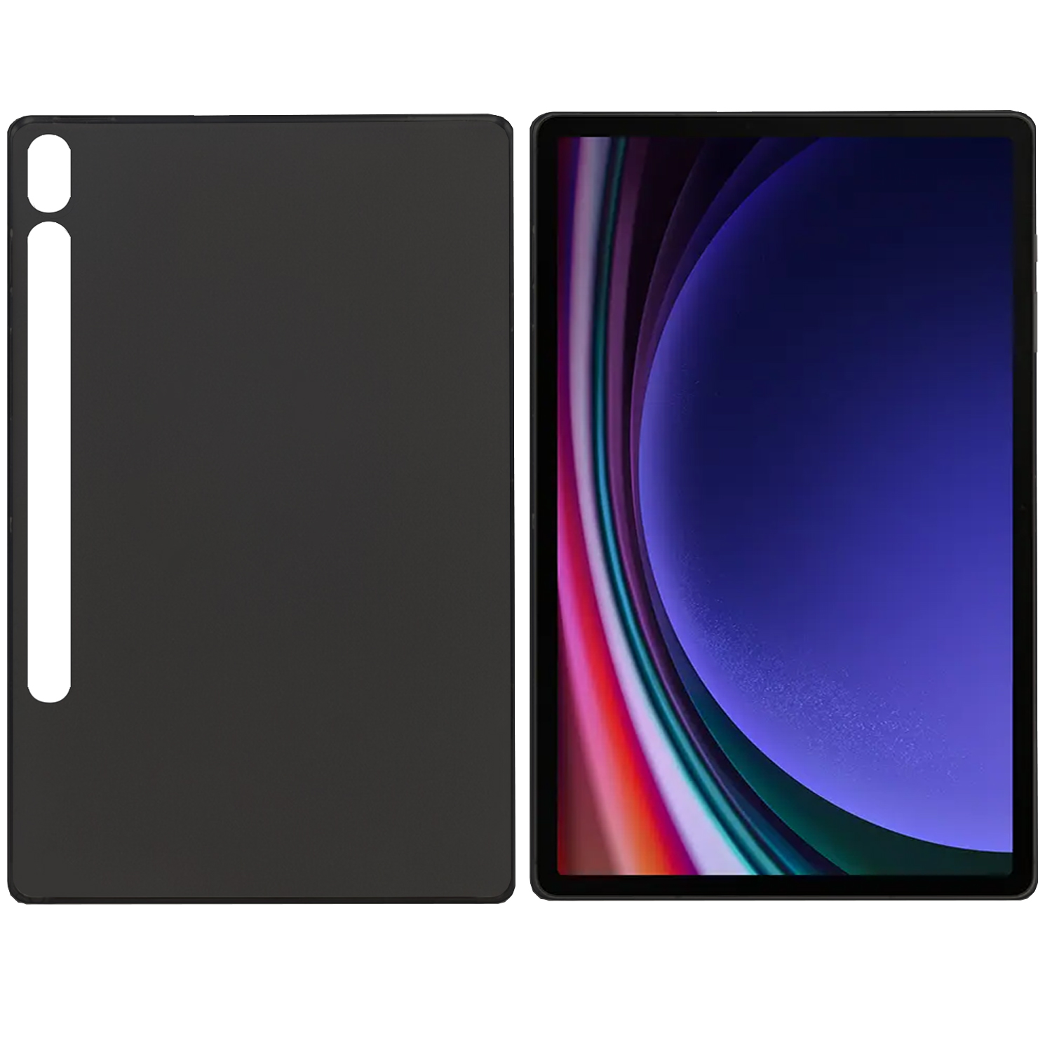 Tablettasche, offen mit Tablet darin. Die Hülle ist schwarz und der Bildschirm hat einen bunten Hintergrund.
