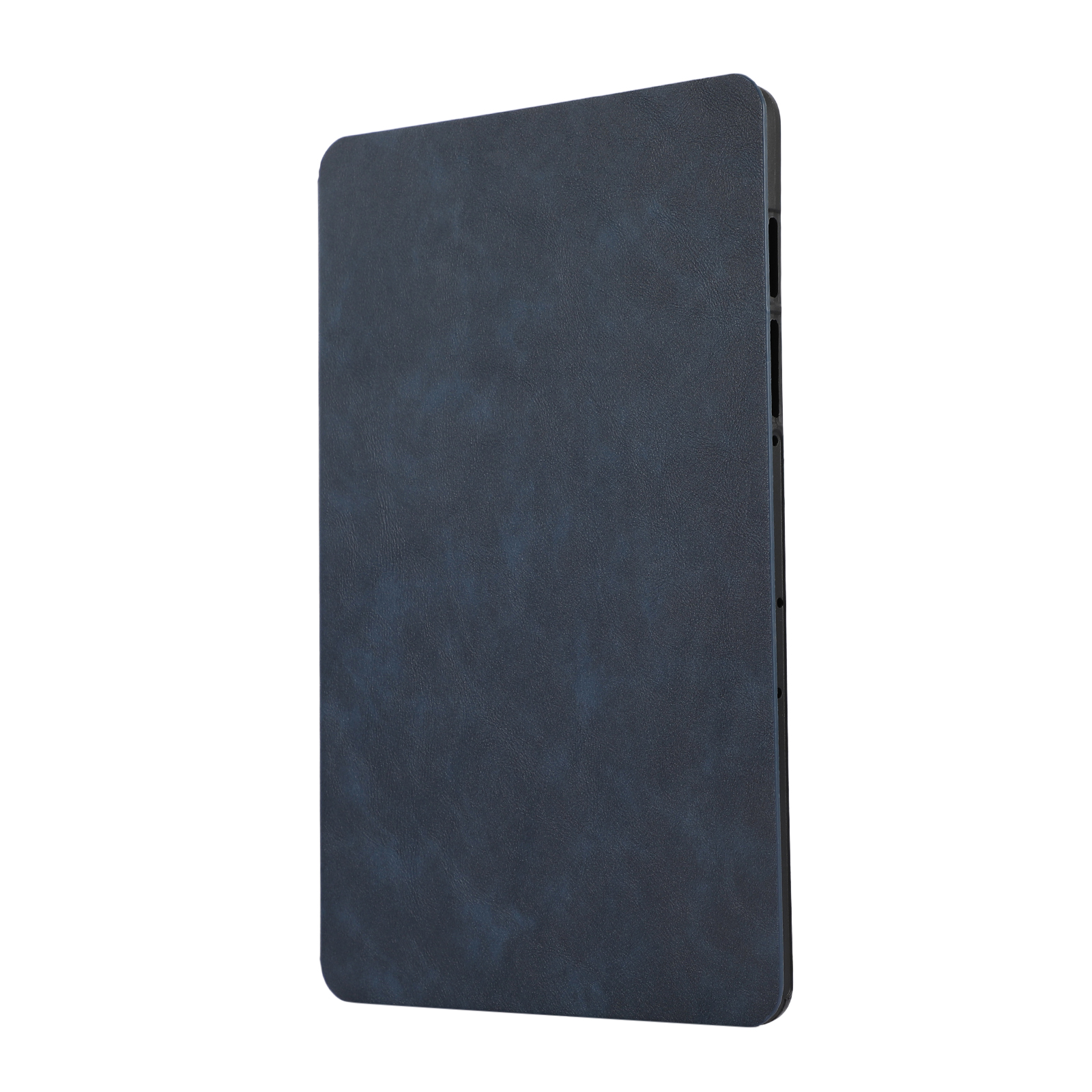Blaue Tablet-Hülle, Seitenansicht, zeigt die Seite mit Tasten und Stift.