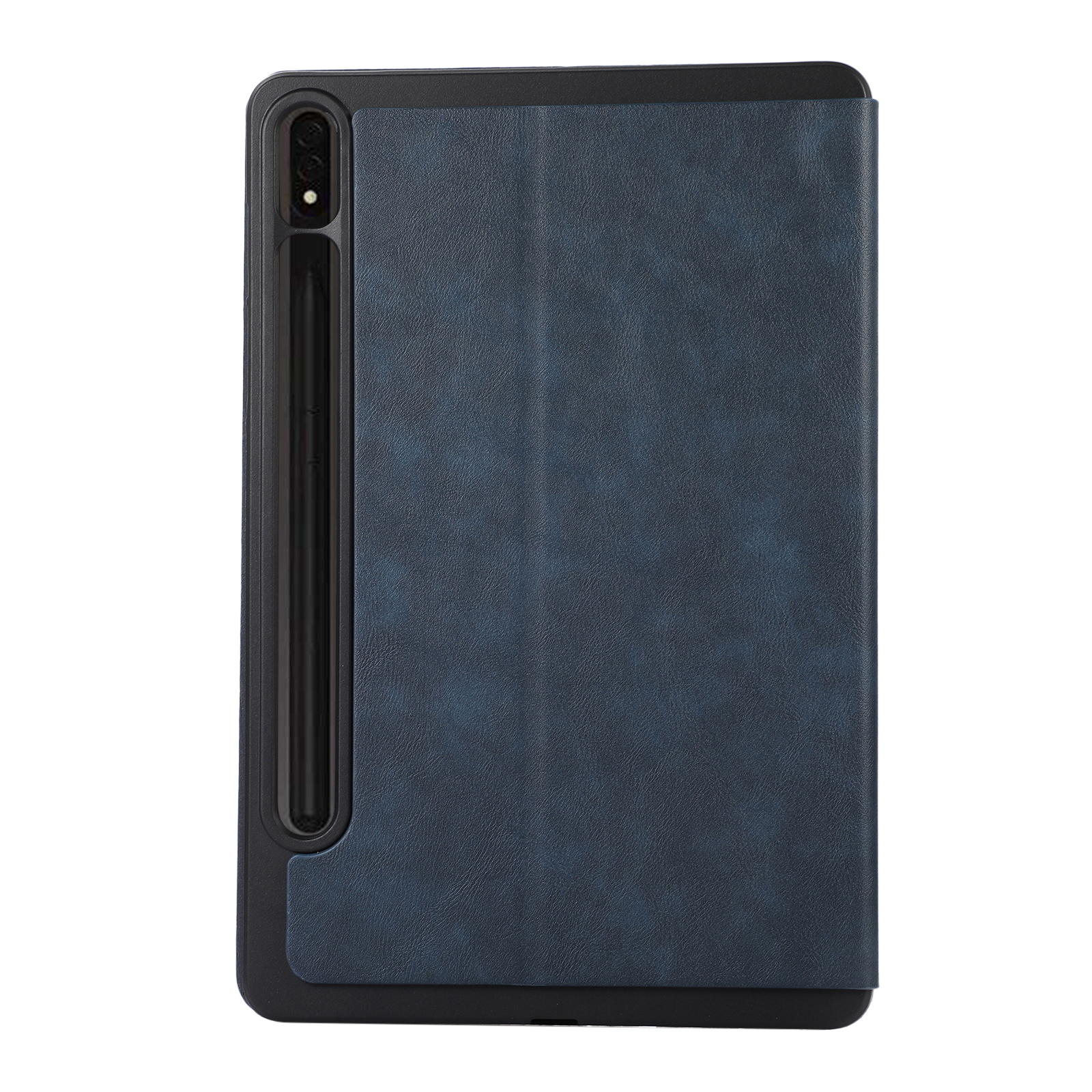 Eine blaue Tablethülle mit Stifthalter und einem schwarzen Tablet darin.