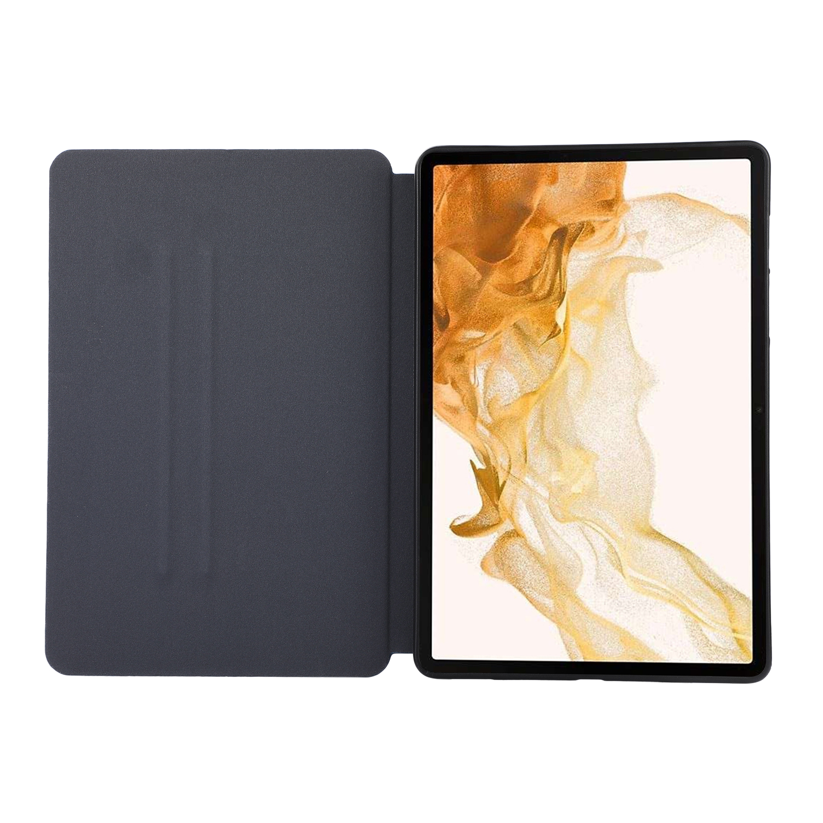 Tablet mit Hülle, seitlich geöffnet. Der Bildschirm zeigt einen goldgelben Wirbel auf weißem Hintergrund.
