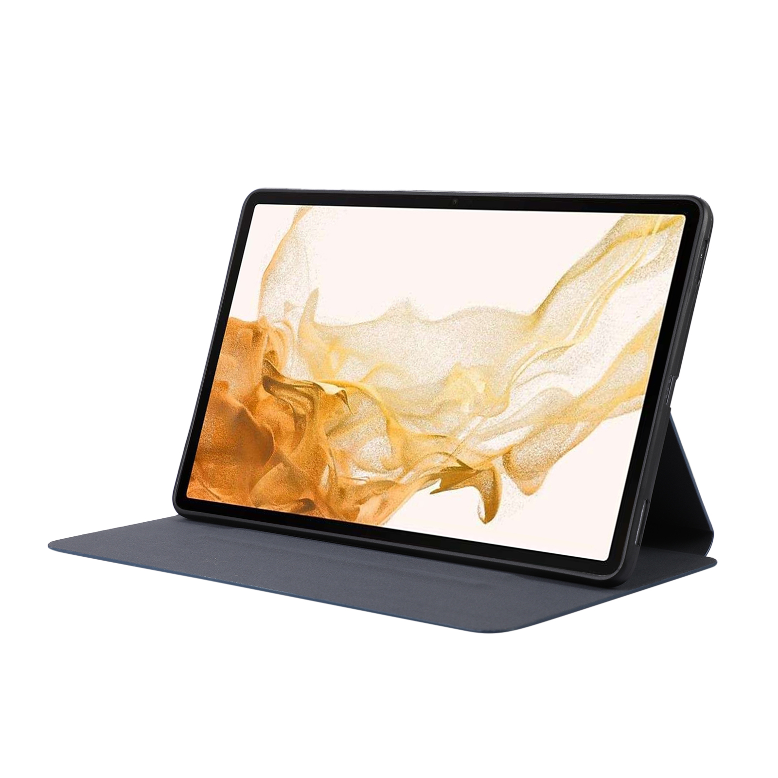 Tablet in dunkelblauer Hülle auf weißem Hintergrund. Das Tablet ist angewinkelt.