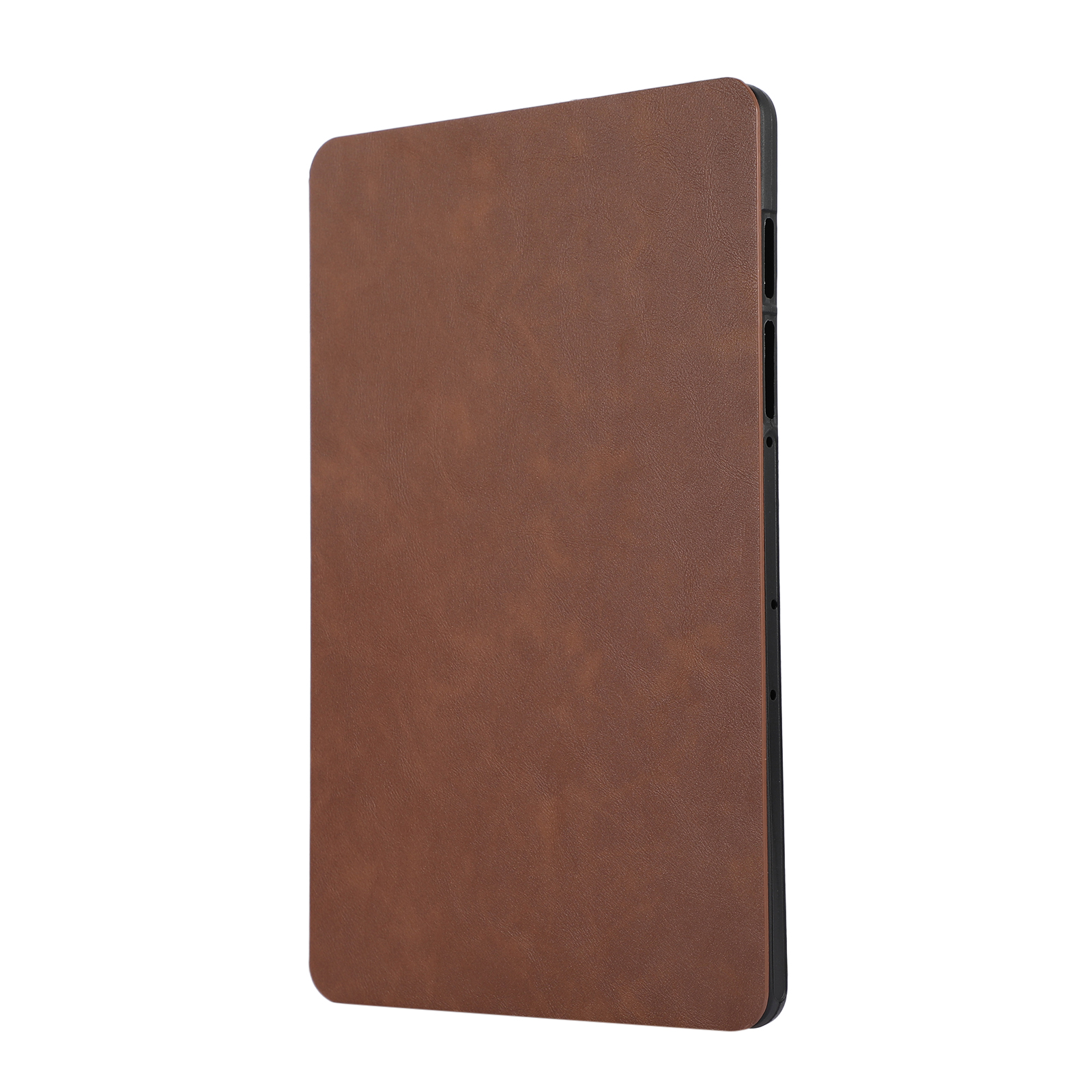 Eine braune Lederhülle für ein Tablet, von der Seite gezeigt.