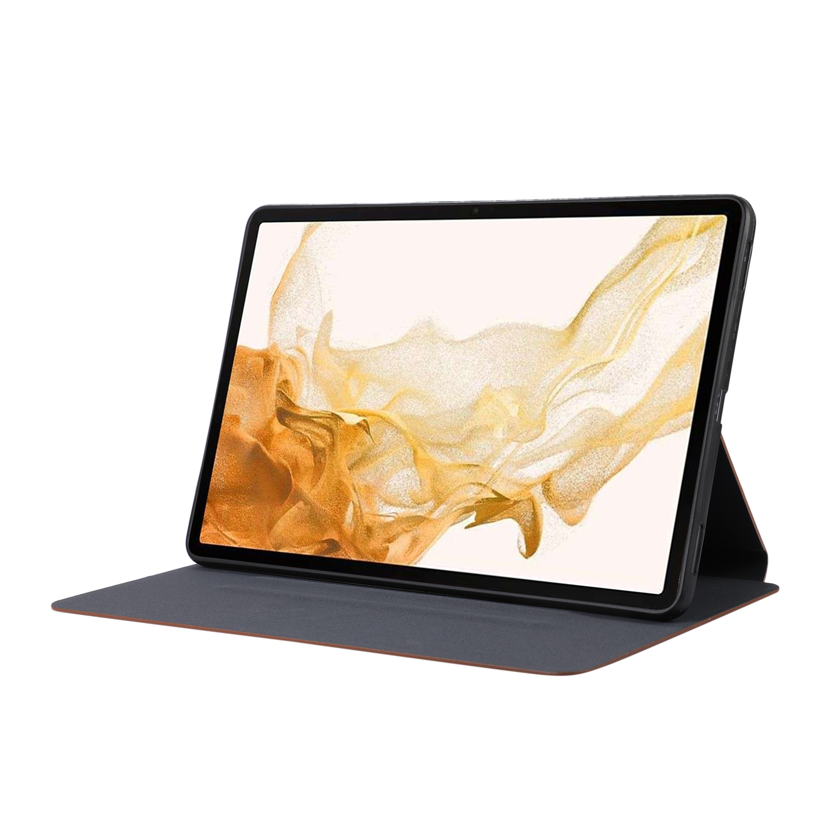 Tablet in schwarzem Gehäuse offen auf weißer Oberfläche, zeigt farbenfrohes Bild.