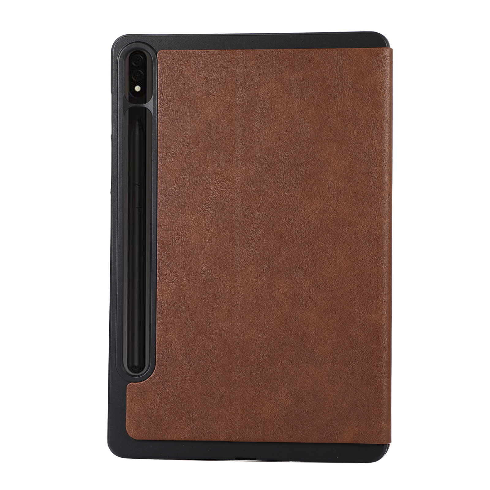 Braune Tablet-Hülle aus Leder mit schwarzem Rahmen. Ein Stift ist eingesetzt.