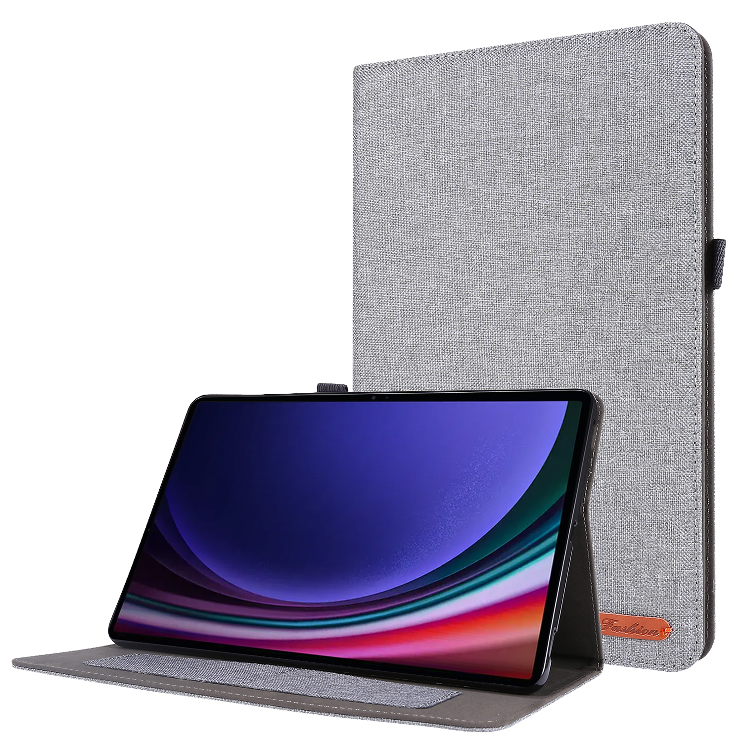 Ein Tablet in einer grauen Hülle, geöffnet und aufgestellt, mit farbenfrohem Bildschirm.