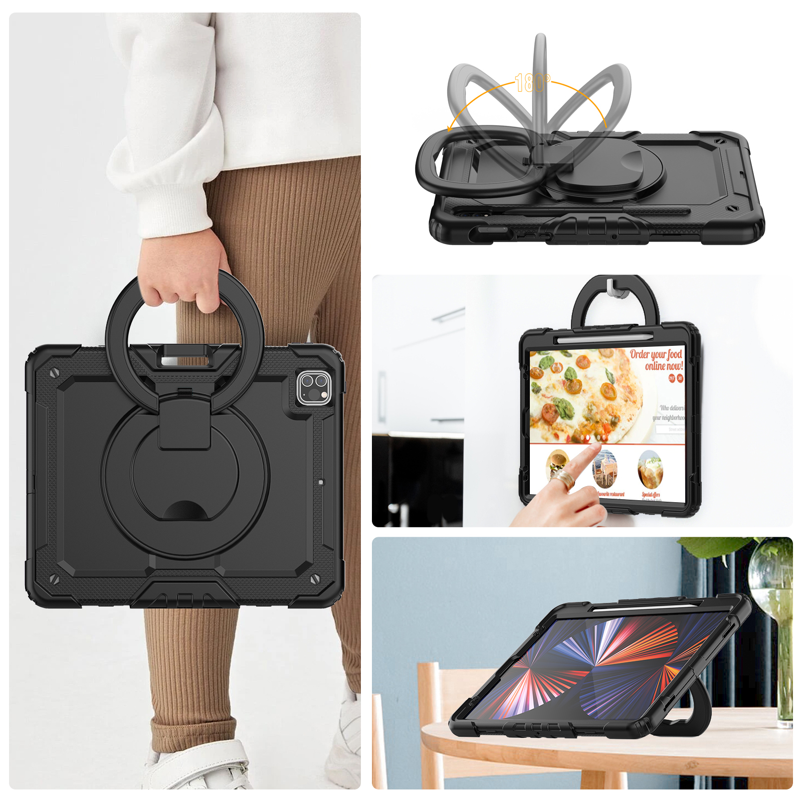 Tablet in schwarzer Hülle mit Griff und Ständer. Verschiedene Ansichten. Schwarz-Weiß-Hintergrund.