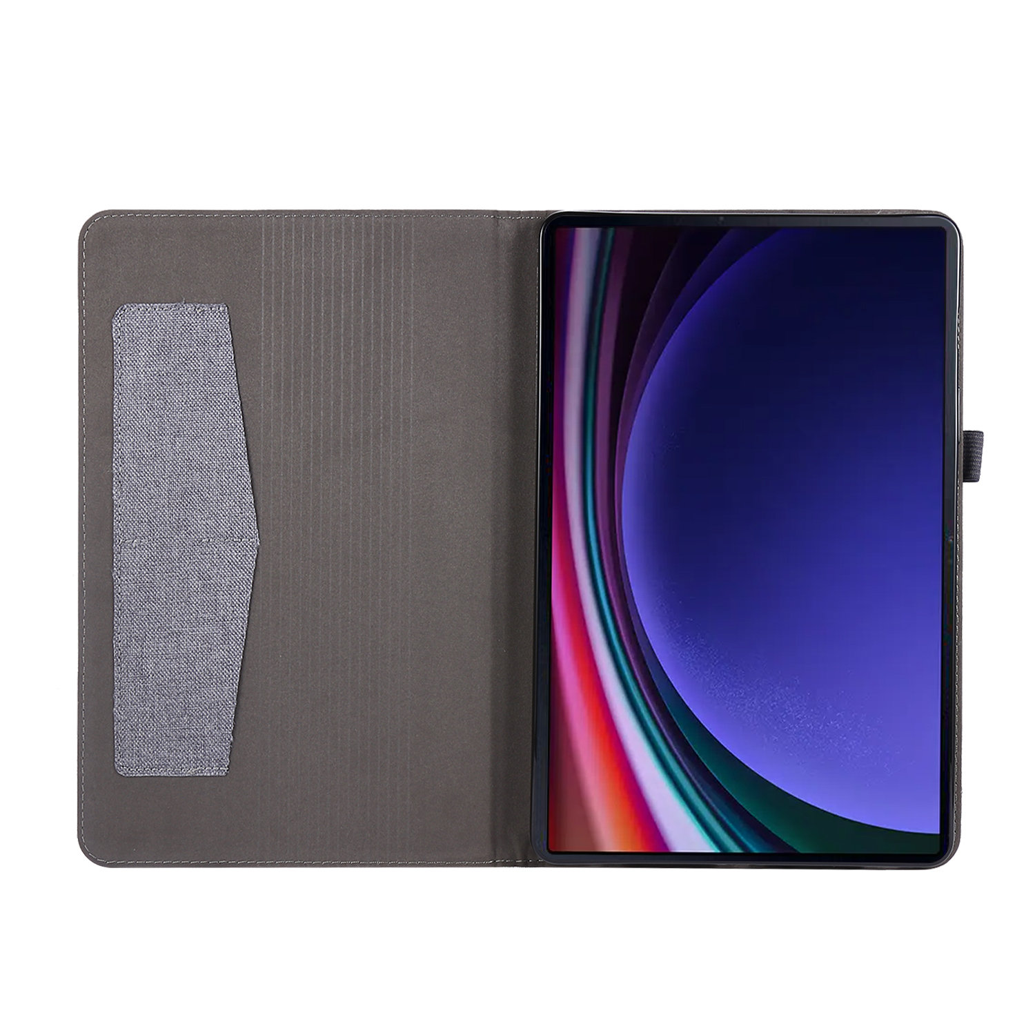 Ein Tablet in einer grauen Hülle, geöffnet. Eine Tasche links und der Bildschirm rechts.