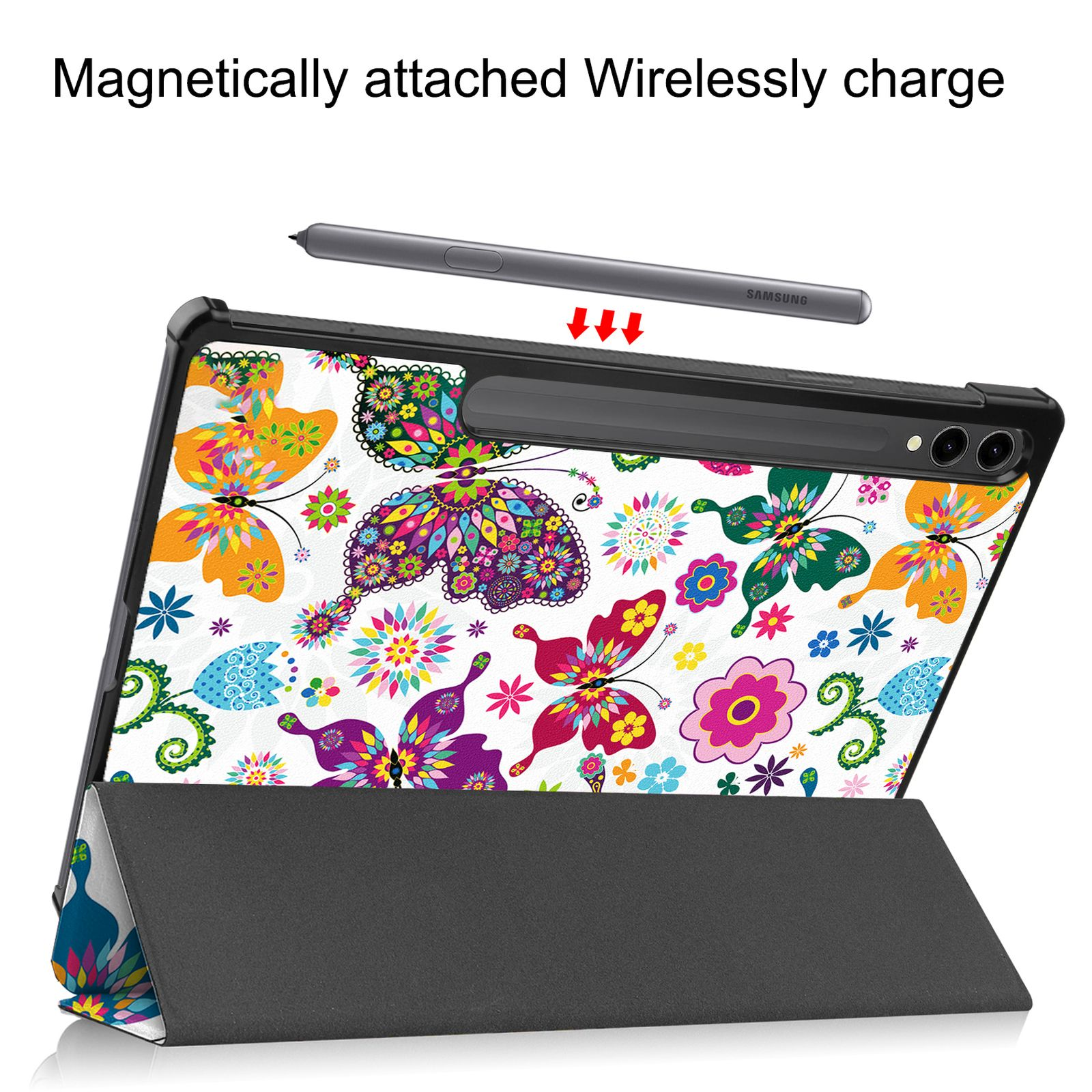 Ein Tablet mit einer bunten Blumenmusterhülle, mit einem Stift darüber und roten Pfeilen nach unten.