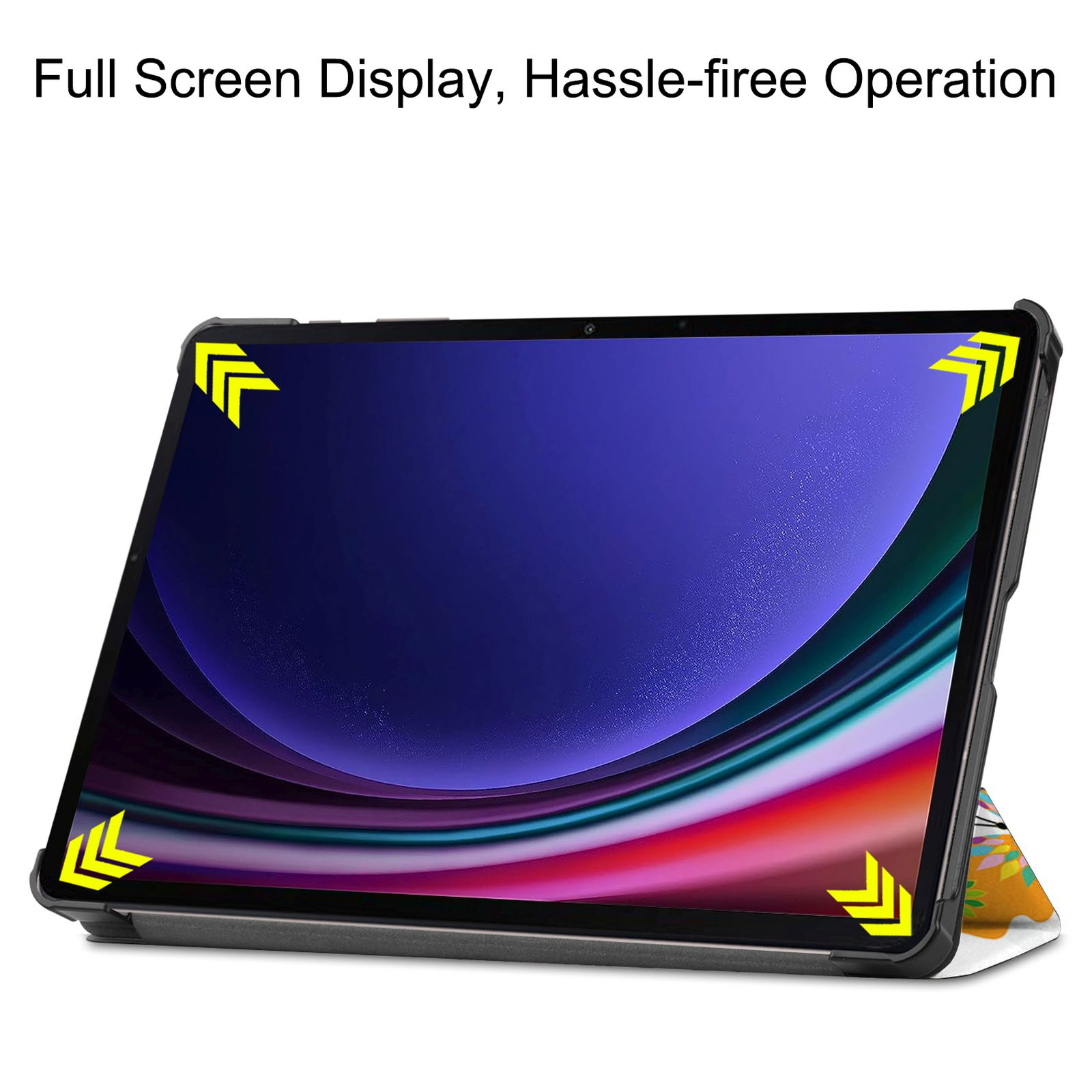 Ein Tablet in einer Hülle mit einem blauen Bild auf dem Bildschirm. Die Hülle ist geöffnet und aufgestellt.