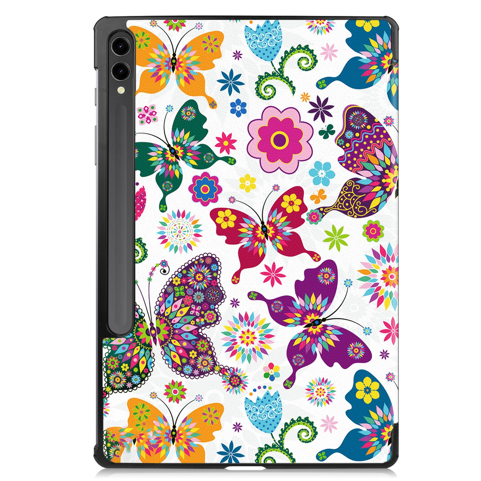 Tablethülle mit bunten Schmetterlingen und Blumen auf weißem Grund.
