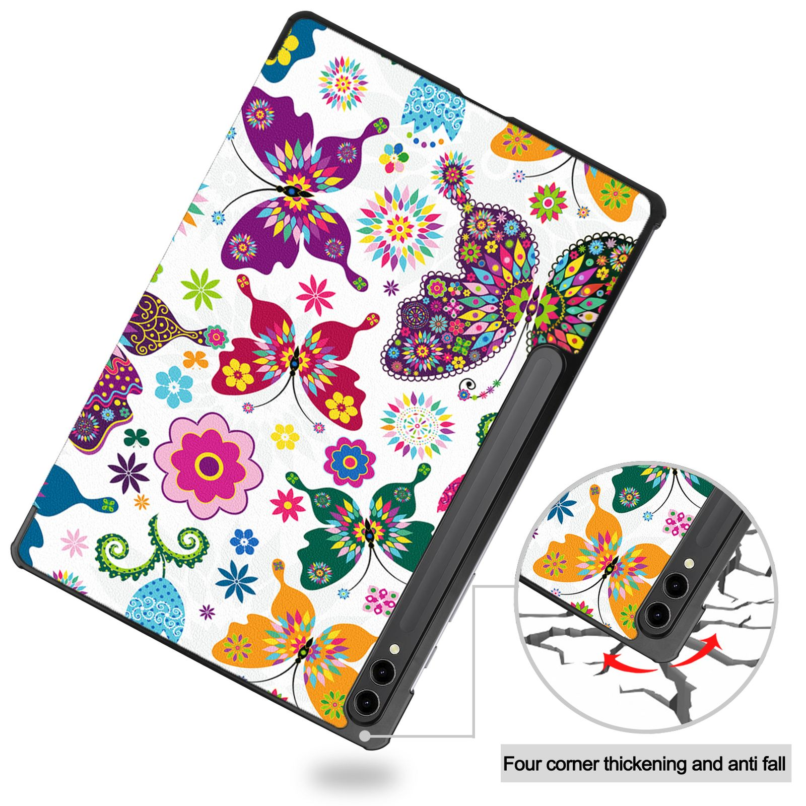 Eine Tablet-Hülle mit Schmetterlingsdesign, mit einem schwarzen Stift und Details zum Schutz vor Beschädigungen.