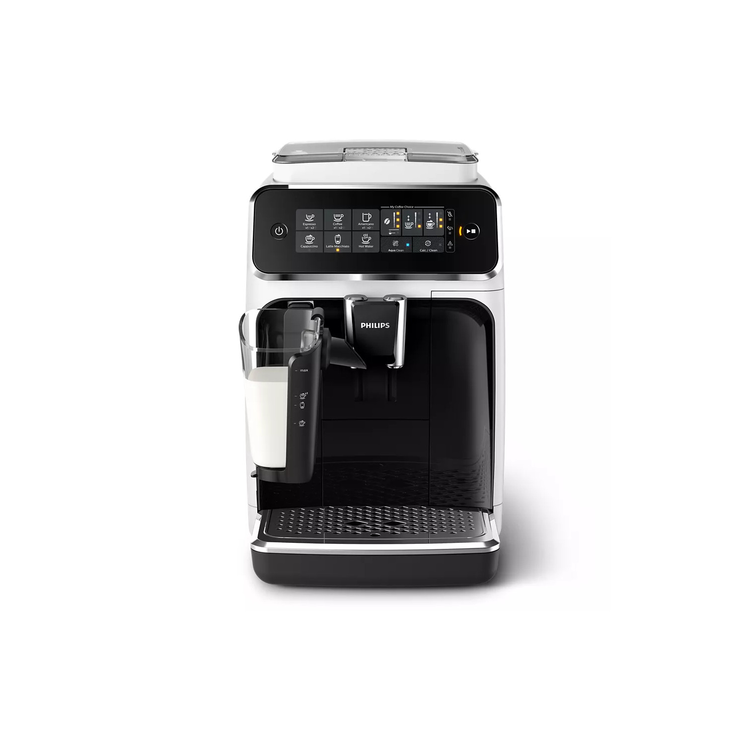Una cafetera Philips blanca y negra con un recipiente de leche de vidrio, aislada sobre blanco.