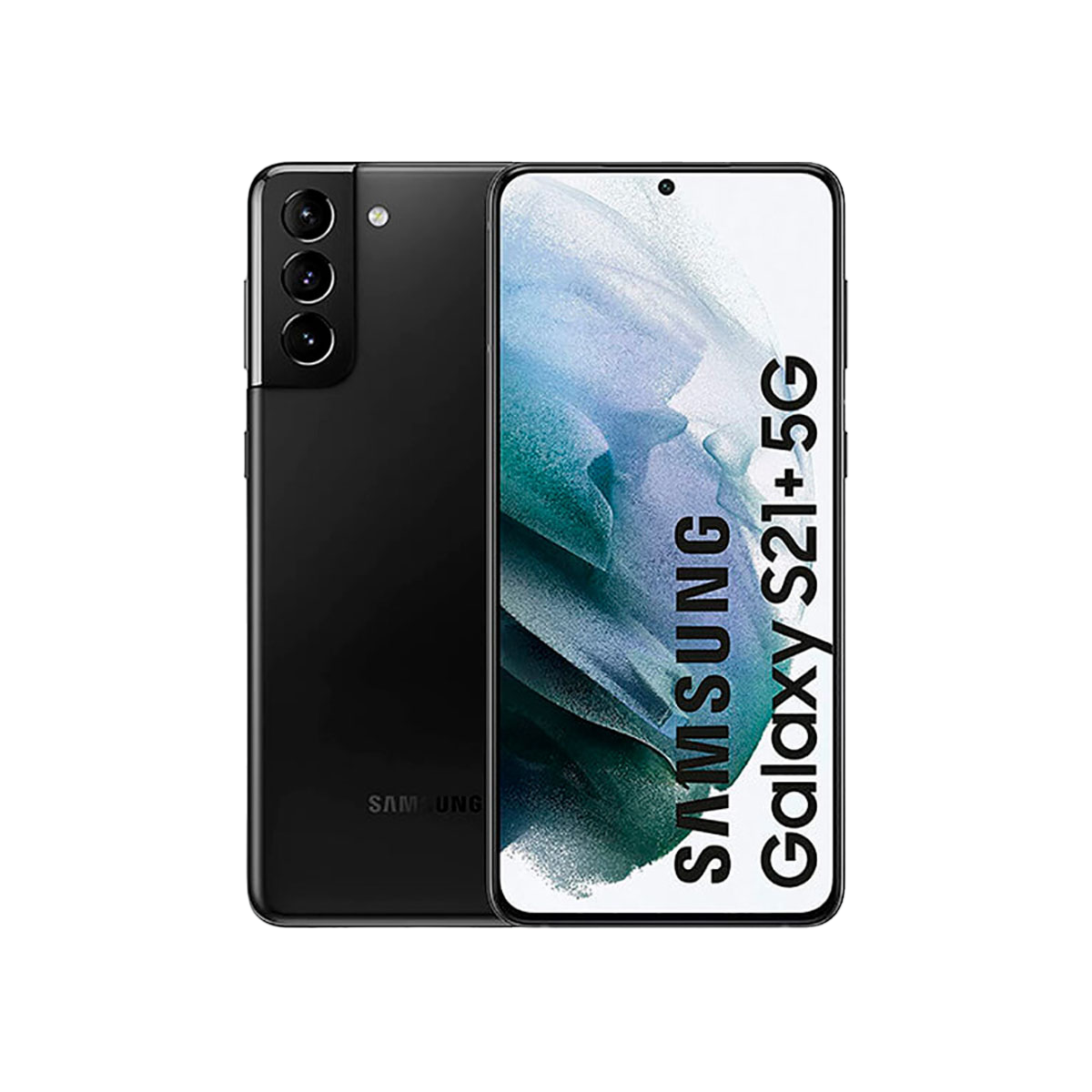 Zwarte Samsung Galaxy S21+ 5G smartphone, op zwarte achtergrond, met scherm aan.