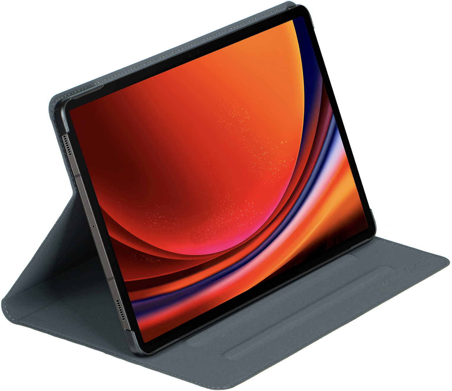 Tablet con schermo arancione e blu in custodia grigia.
