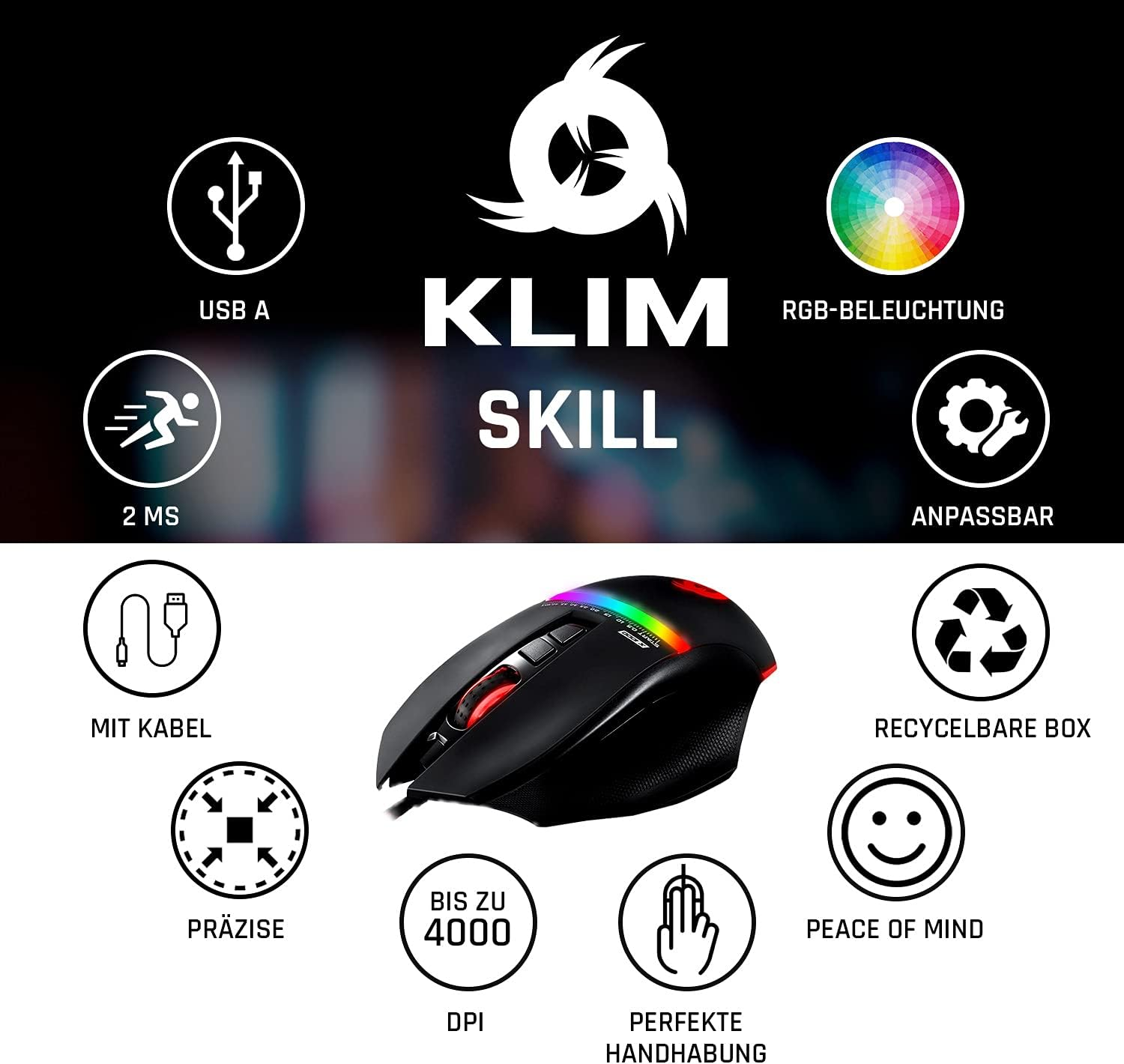 Schwarze Gaming-Maus mit RGB-Beleuchtung und beschrifteten Funktionen. Enthält USB A, 2 MS und einstellbare DPI.