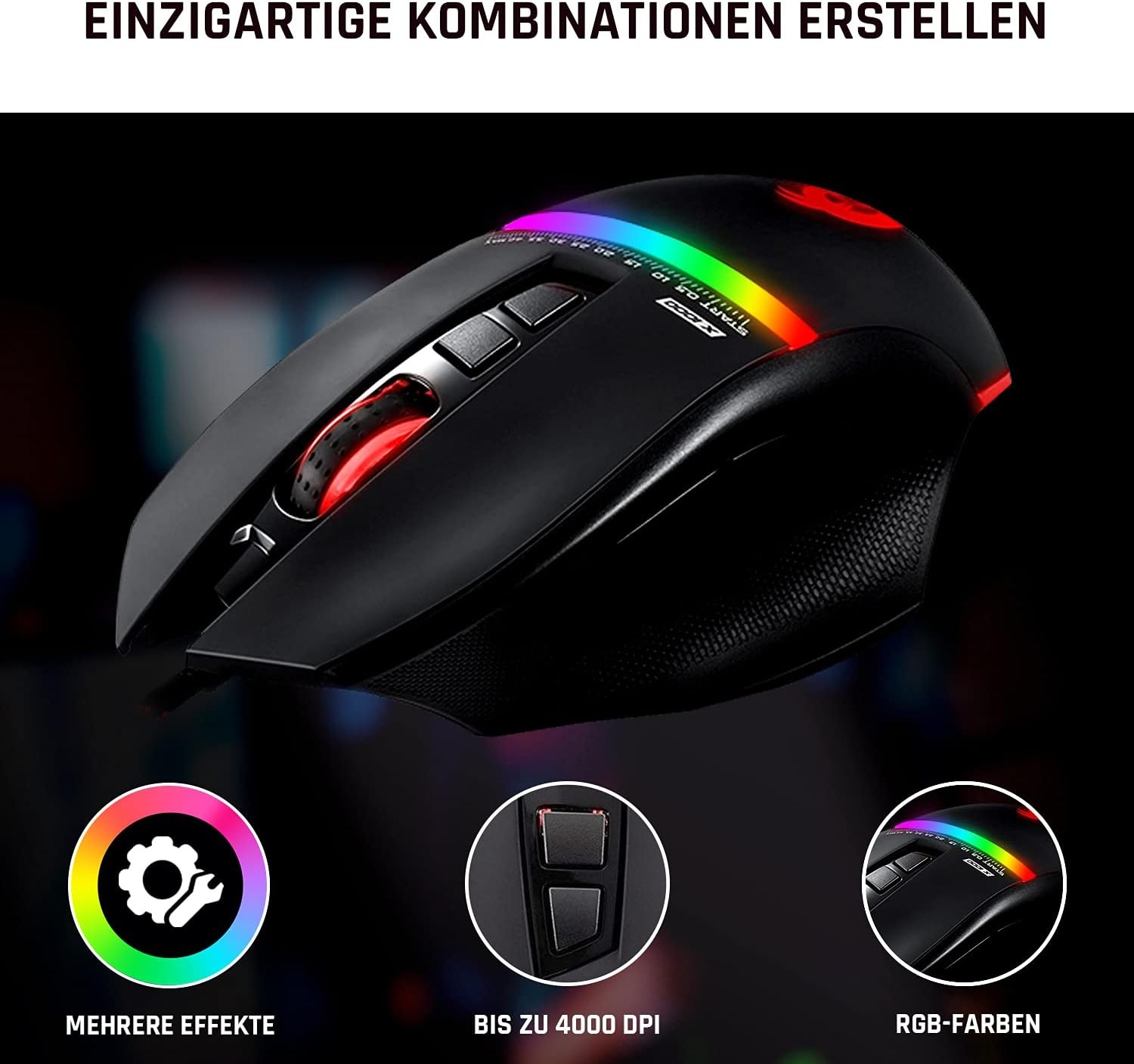Schwarze Gaming-Maus mit mehrfarbigen Lichtern. Knöpfe mit Text: RGB-Farben, mehr Effekte, bis zu 4000 DPI.