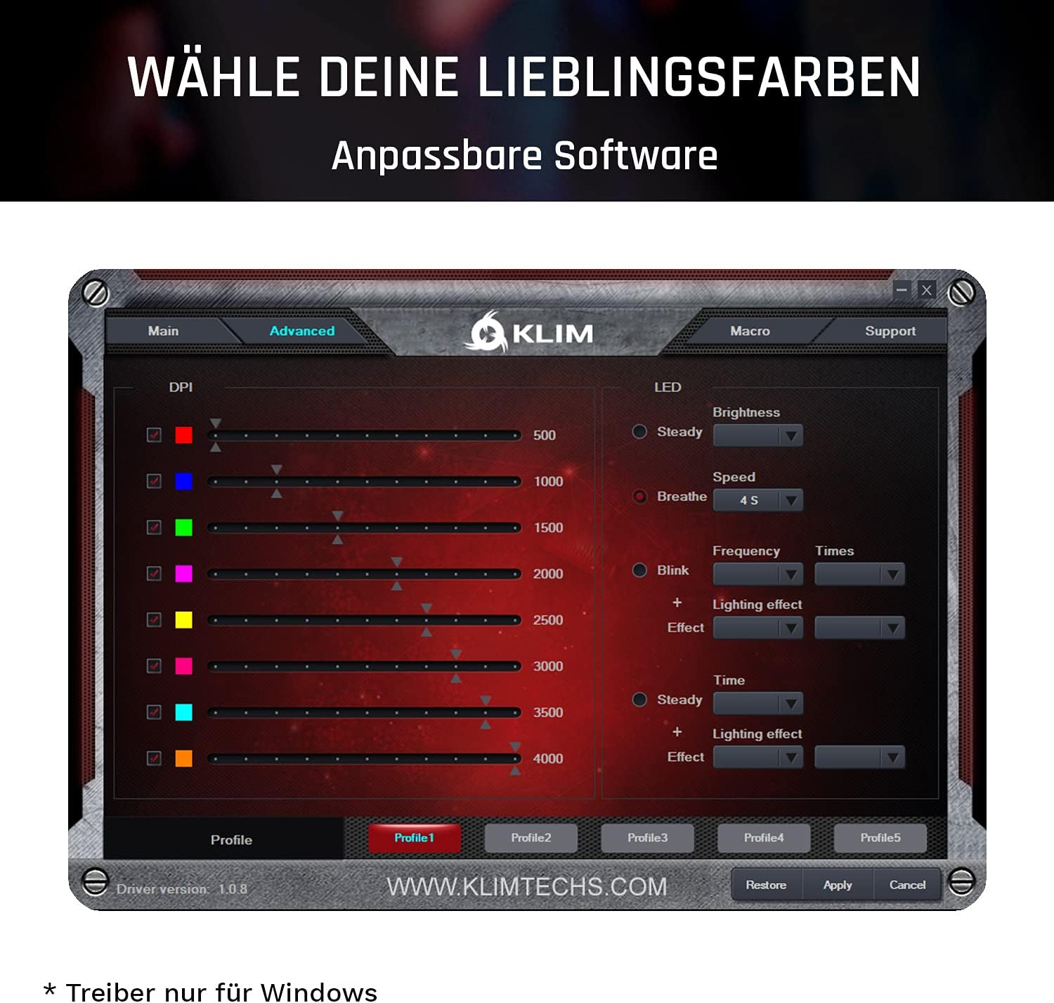 Ein Computerbildschirm zeigt eine Softwareoberfläche für eine Gaming-Maus mit Anpassungsoptionen und Einstellungen.