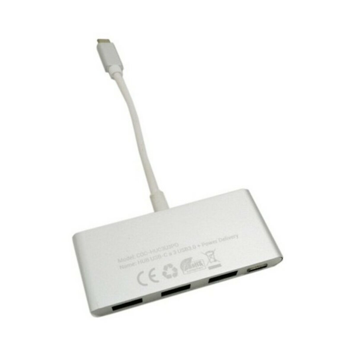 Un hub USB-C argentato con più porte. Un cavo bianco è collegato ad esso.