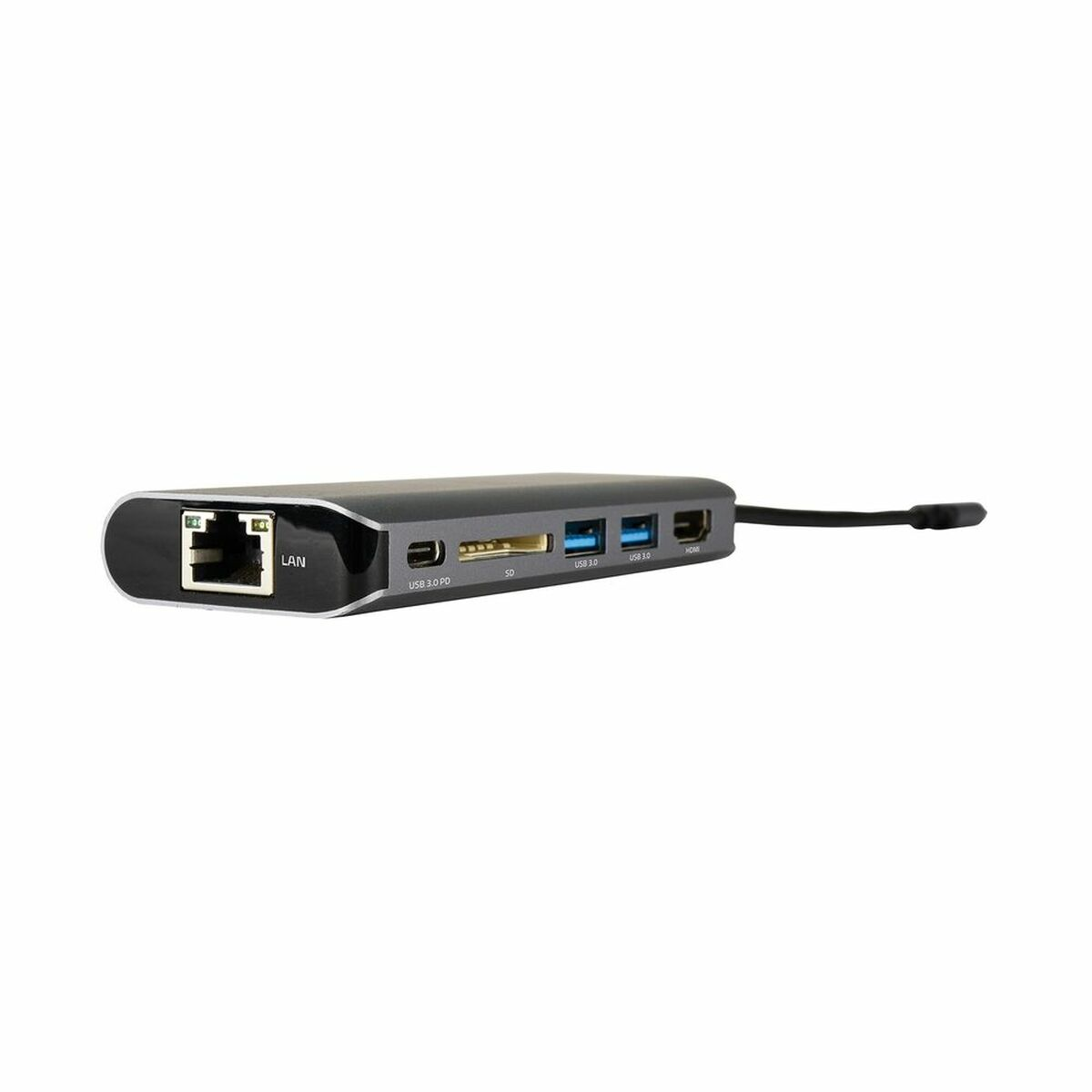 Un concentrador USB plateado con múltiples puertos, sobre fondo blanco.