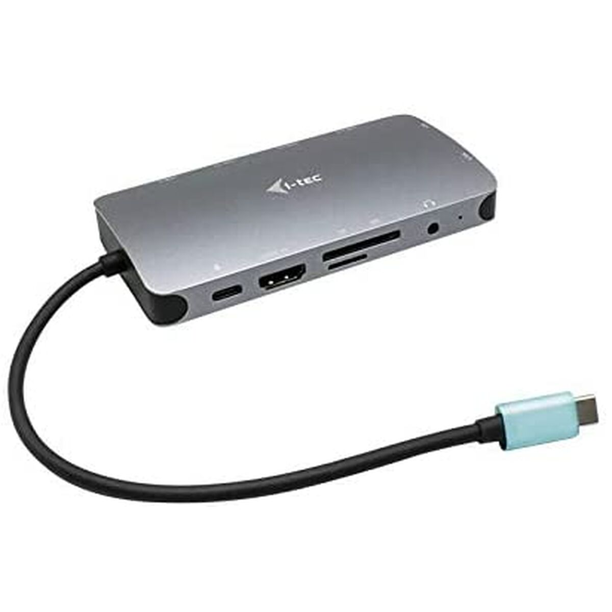 Un concentrador USB-C gris con múltiples puertos. Un cable se extiende a un conector USB-C con punta azul.