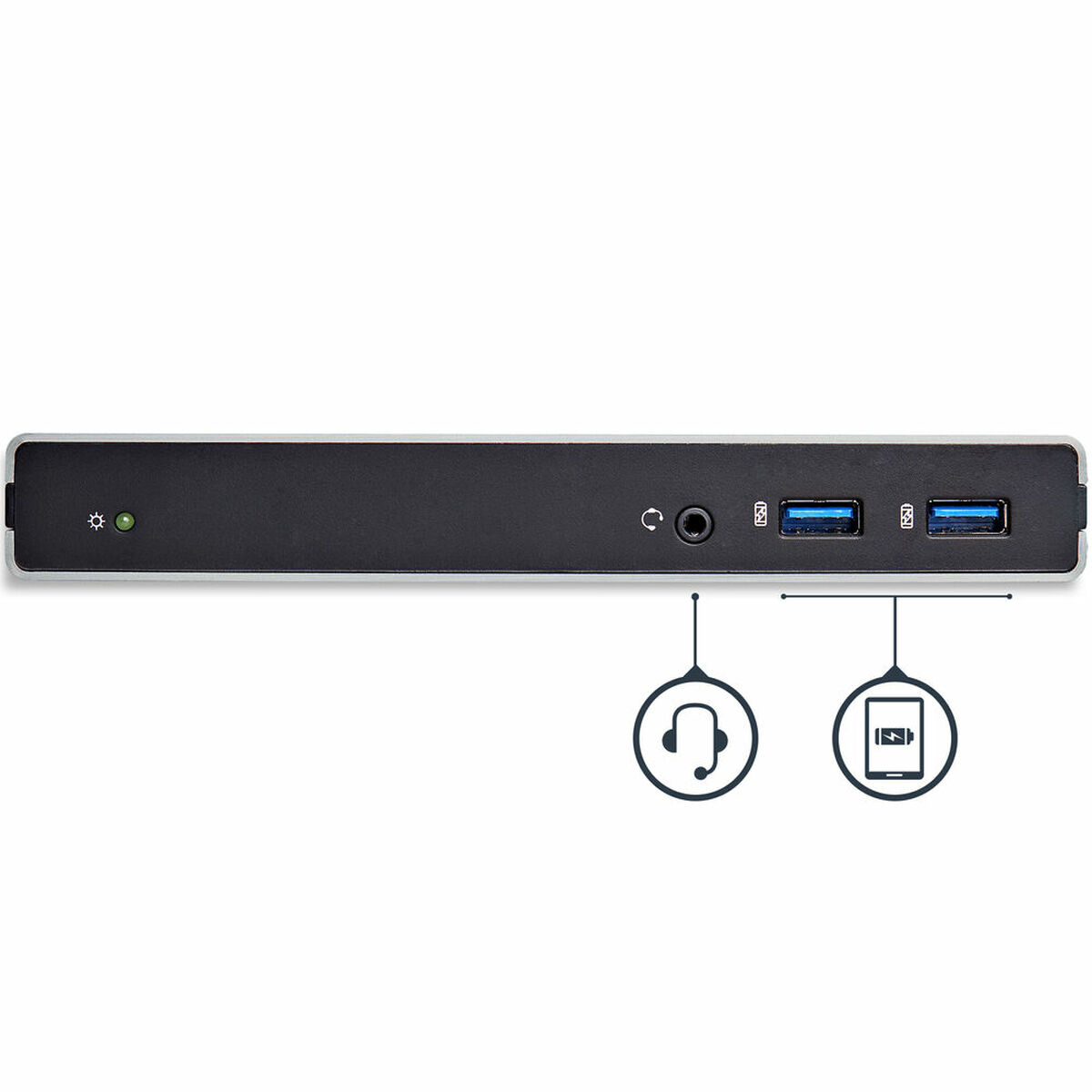 Dispositivo nero con jack per cuffie, porte USB e icone.