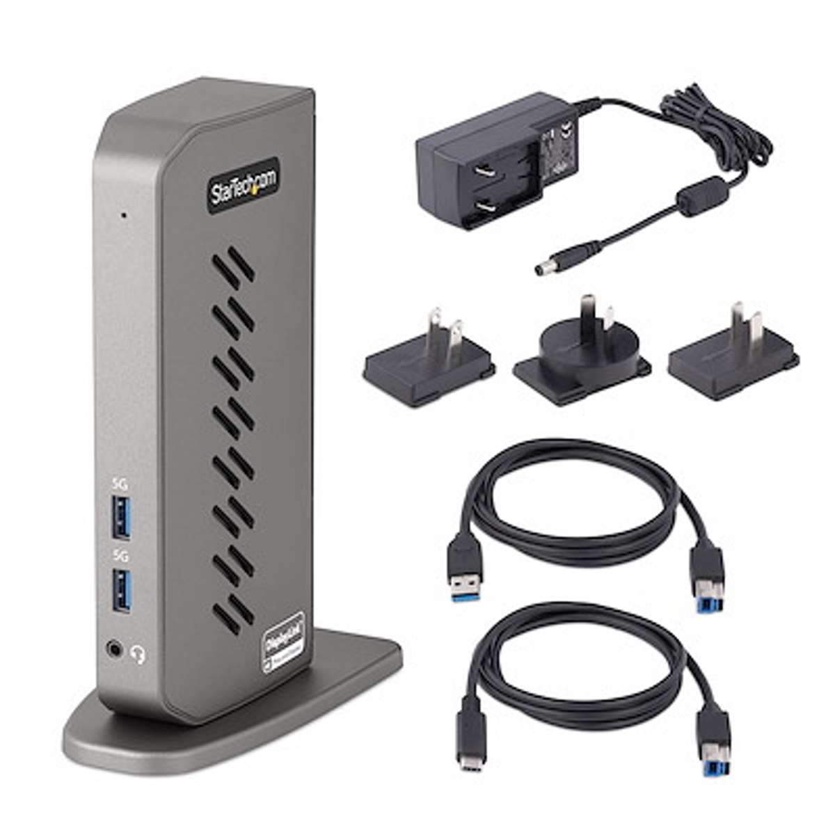 Una docking station grigia con più porte e un adattatore di alimentazione. Ha porte 5G e USB.