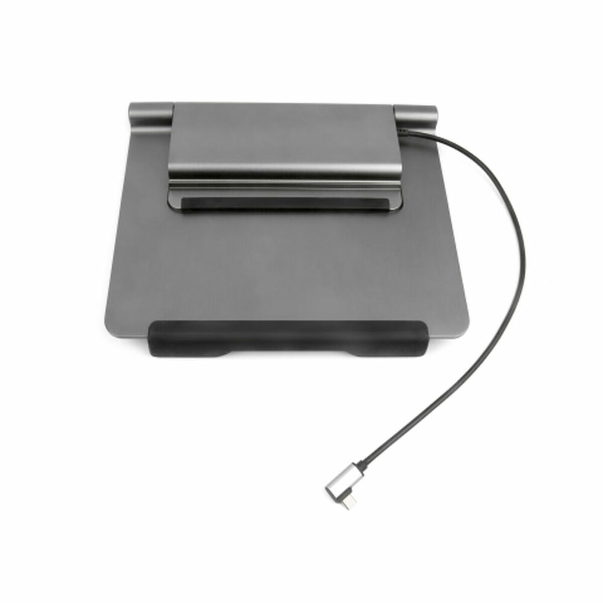 Supporto per laptop grigio con cavo nero e connettore.
