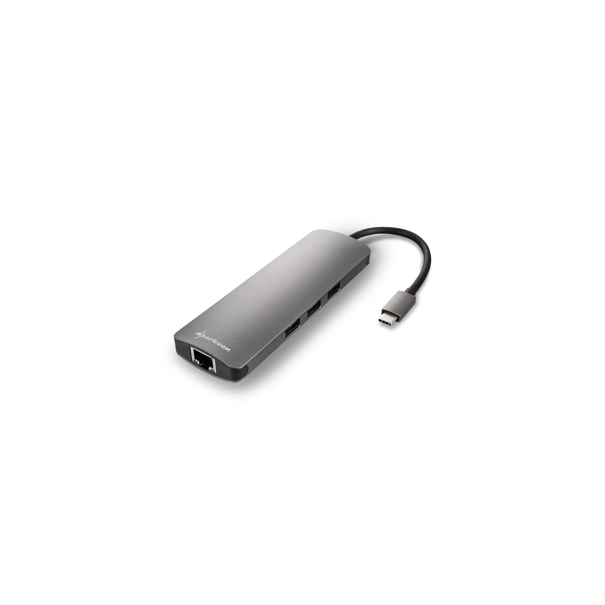 Concentrador USB gris con múltiples puertos y un cable negro. Fondo blanco.