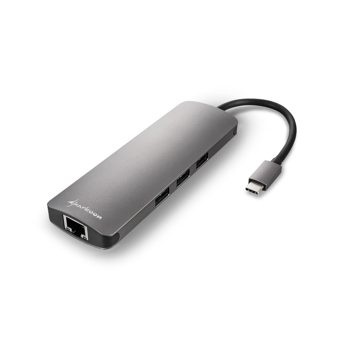 Un hub USB gris Sharkoon con múltiples puertos y un cable USB-C.