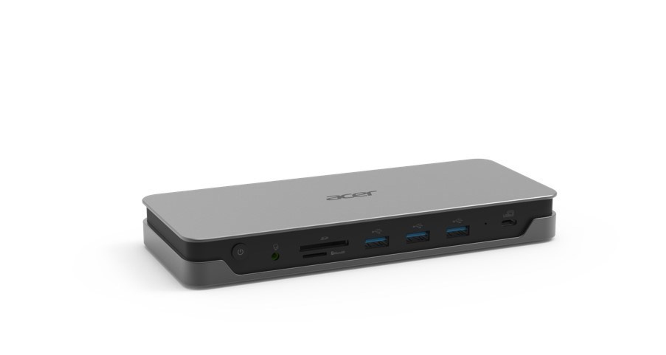 Zilveren Acer dockingstation met poorten. Witte achtergrond.