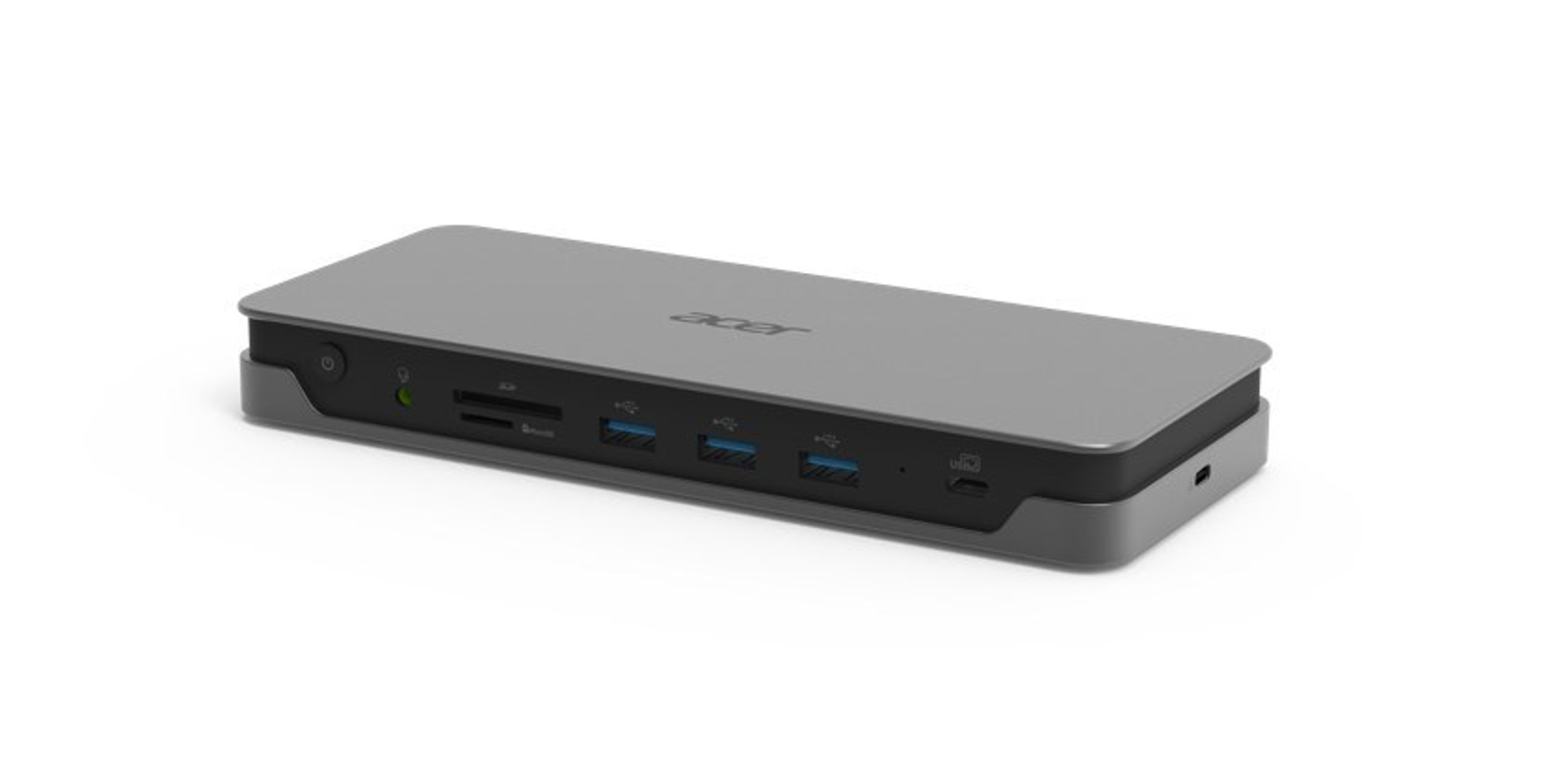 Een grijze Acer docking station met verschillende poorten en knoppen. De achtergrond is wit.