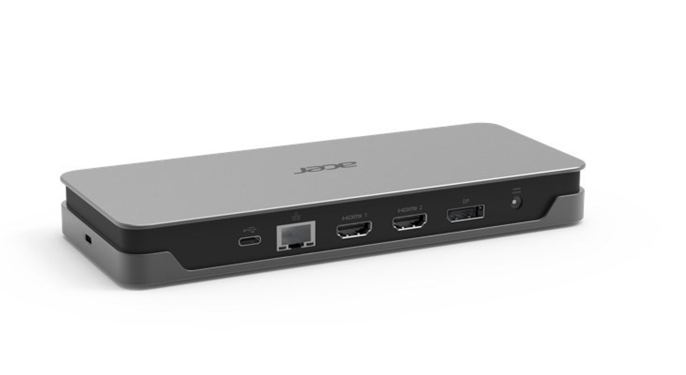 Zilveren Acer docking station met poorten. Acer logo bovenaan.