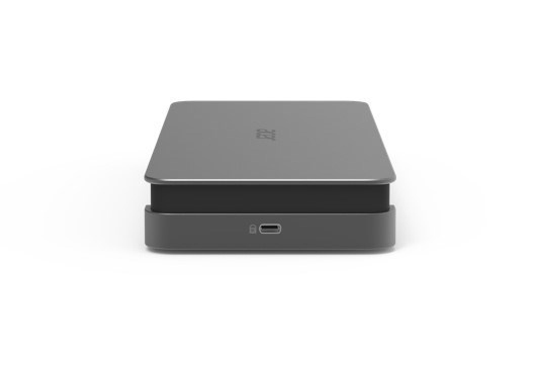 Een grijs apparaat met een usb-poort. Het heeft een zwarte basis. De merknaam