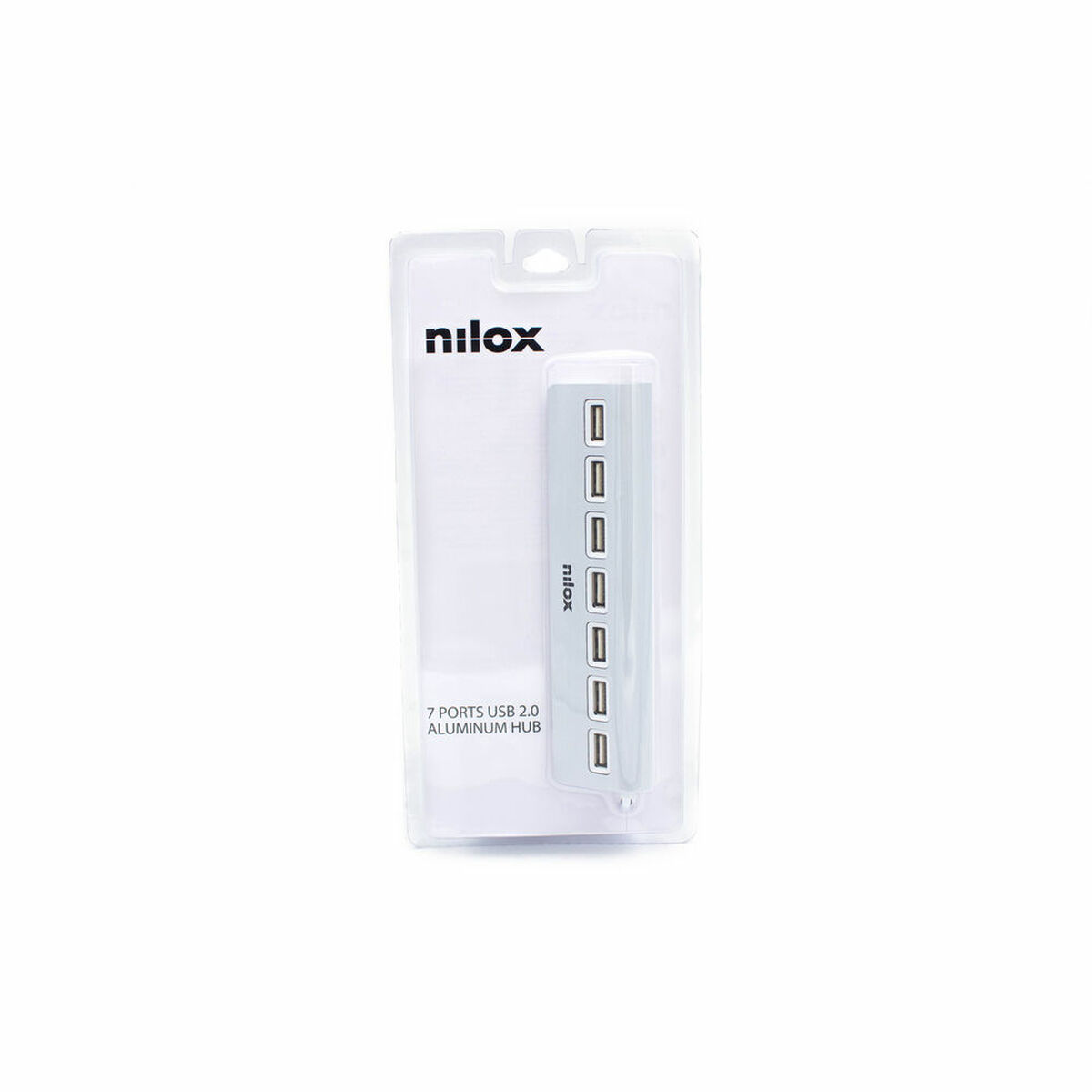 Hub USB Nilox blanco en embalaje. Tiene siete puertos. Fondo blanco.
