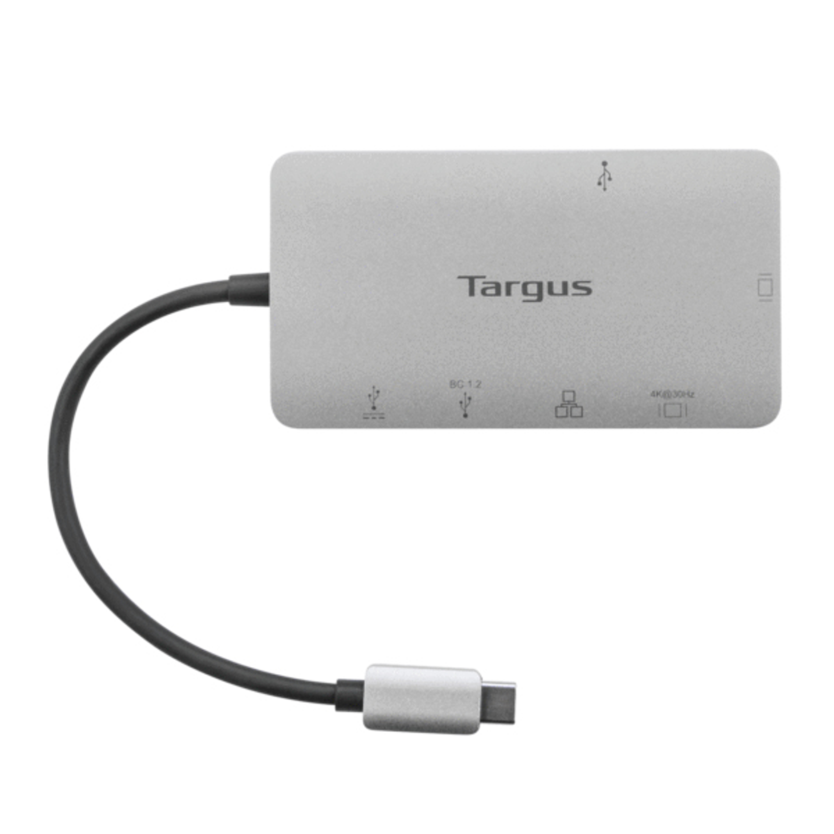 Hub Targus argento con porte e cavo nero con connettore USB-C.