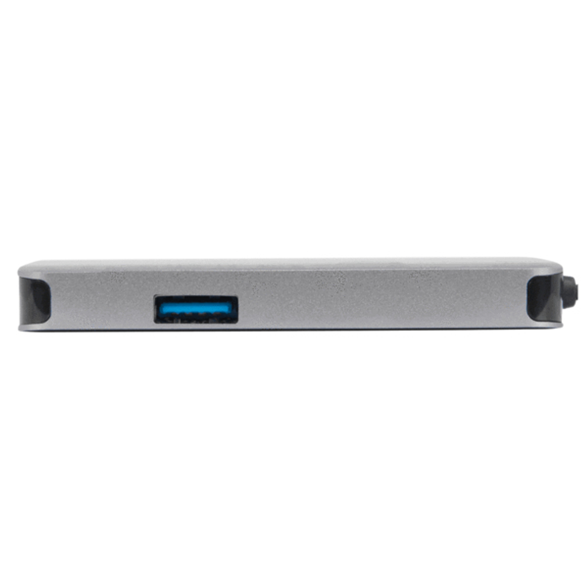 Primo piano di una docking station argentata con una singola porta USB, su sfondo bianco.