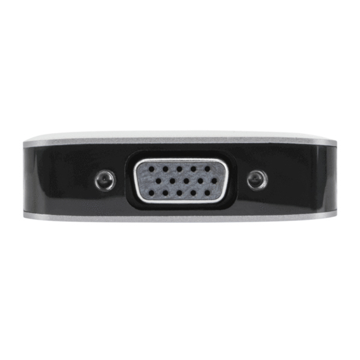 Una vista posteriore di una docking station nera con una porta VGA. Lo sfondo è bianco.