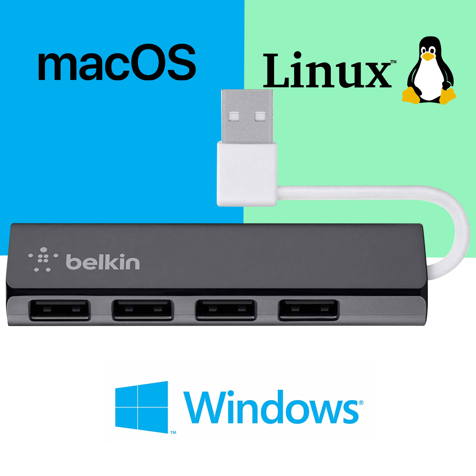Belkin USB-Hub mit macOS-, Linux- und Windows-Logos.
