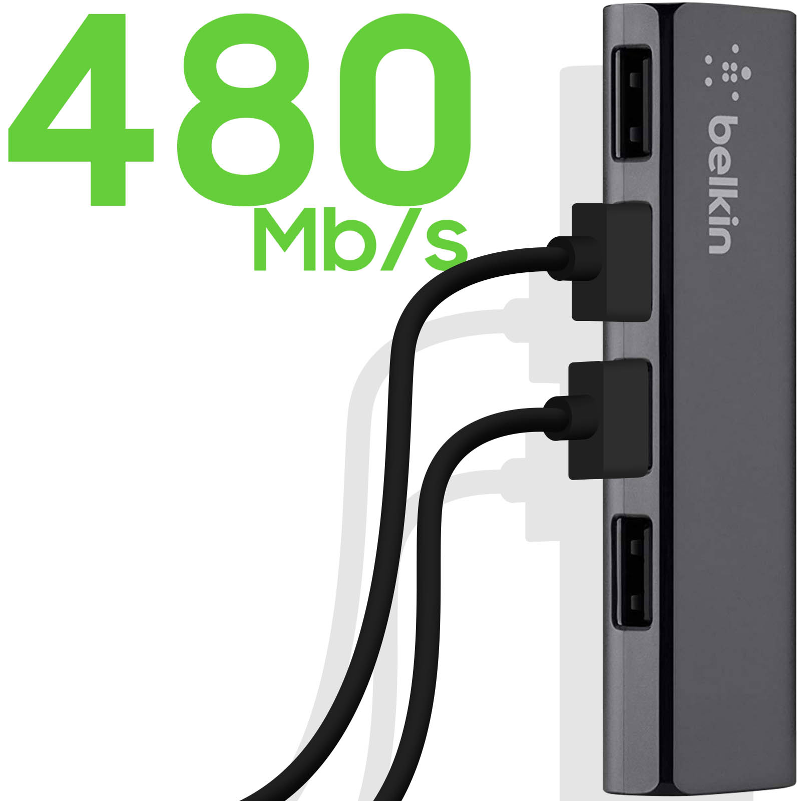 Ein Belkin USB-Hub mit zwei USB-Anschlüssen und einer Grafik, die eine Datenübertragungsgeschwindigkeit von 480 Mbit/s zeigt.