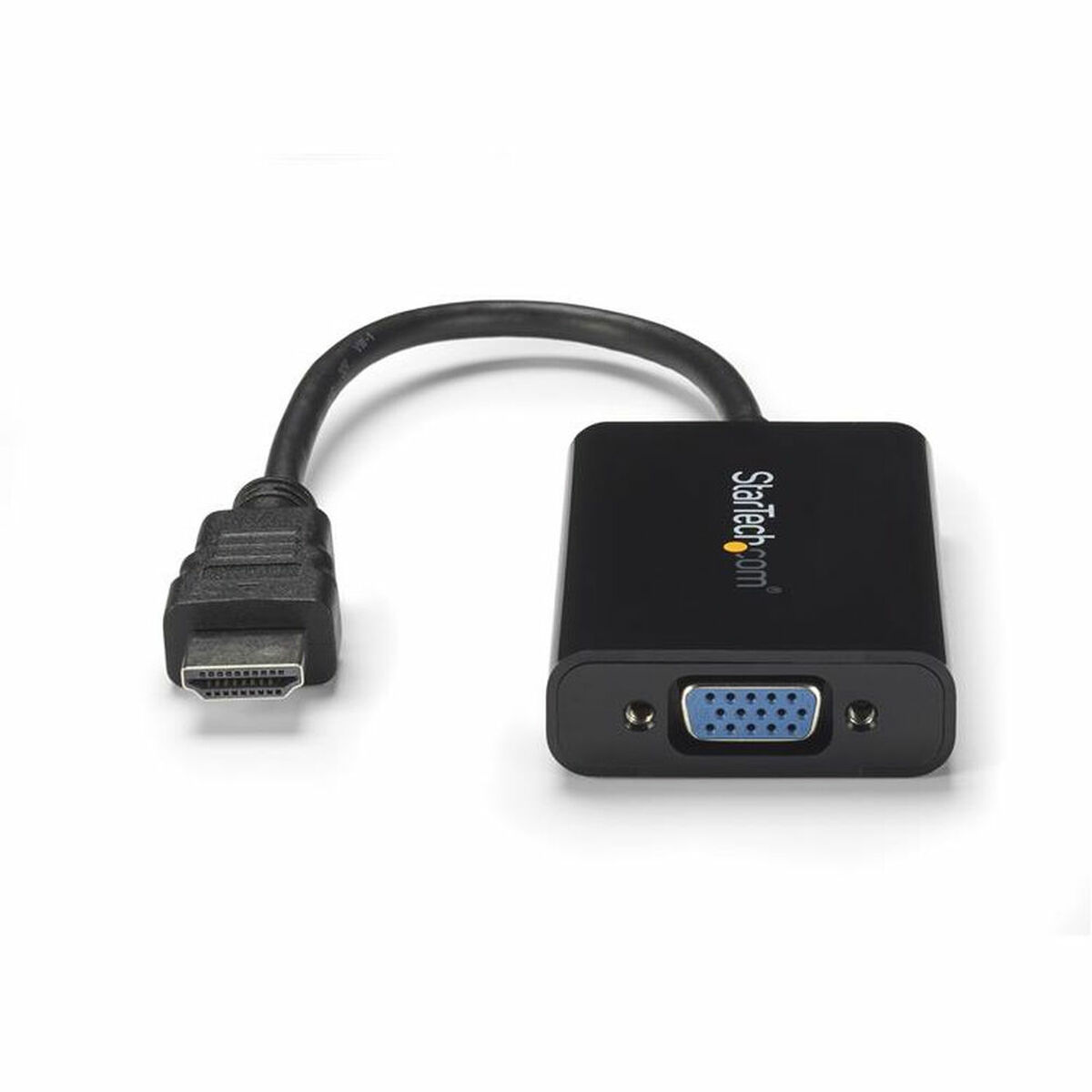 Un adaptador negro de HDMI a VGA, con conectores HDMI y VGA y el logotipo de Startech.com.