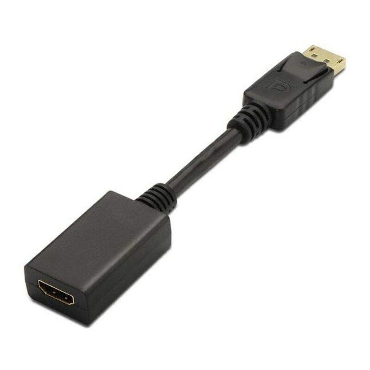 Un cable adaptador HDMI a DisplayPort negro, con un extremo DisplayPort.