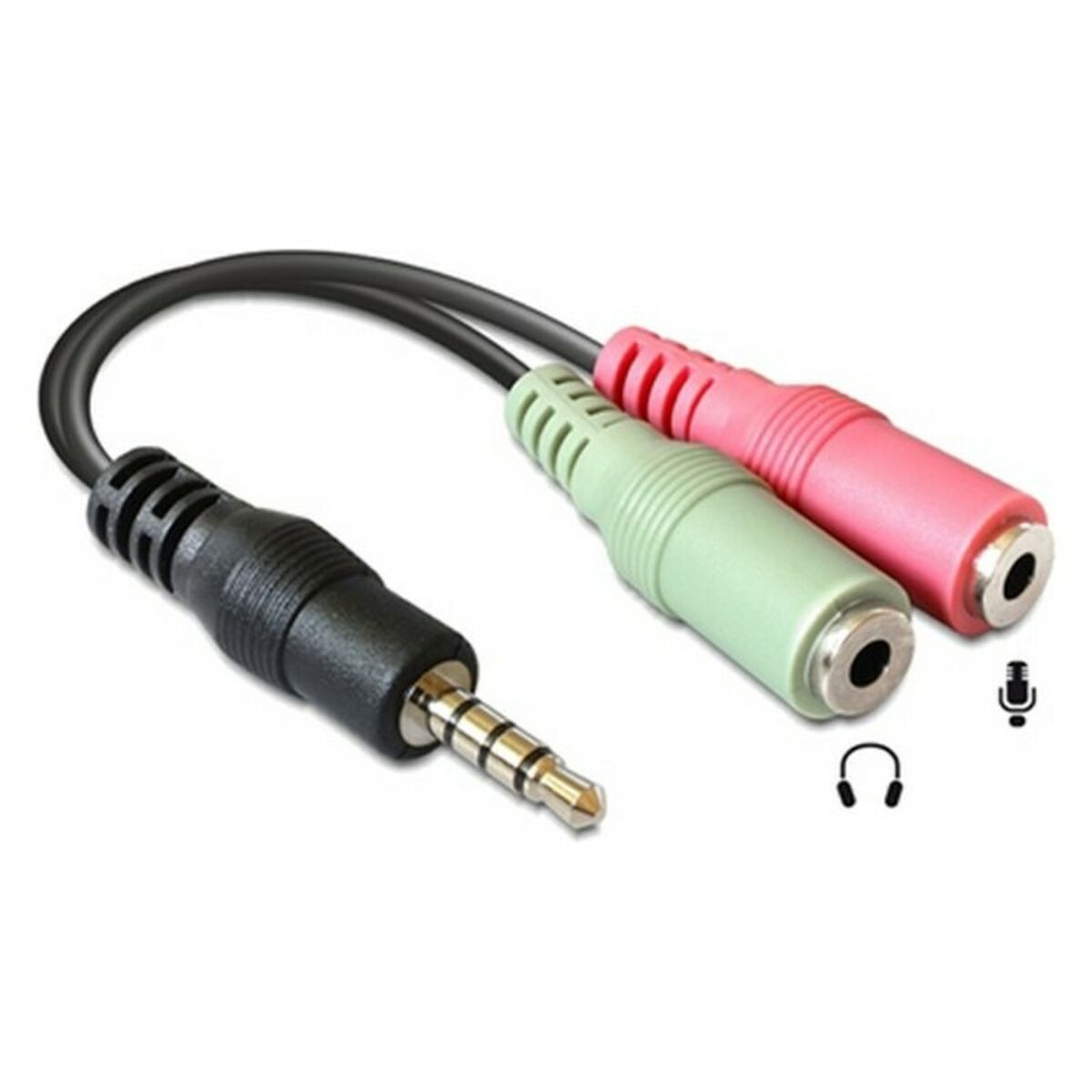 Un cable divisor de audio negro con un conector de 3,5 mm y dos puertos hembra, sobre fondo blanco.